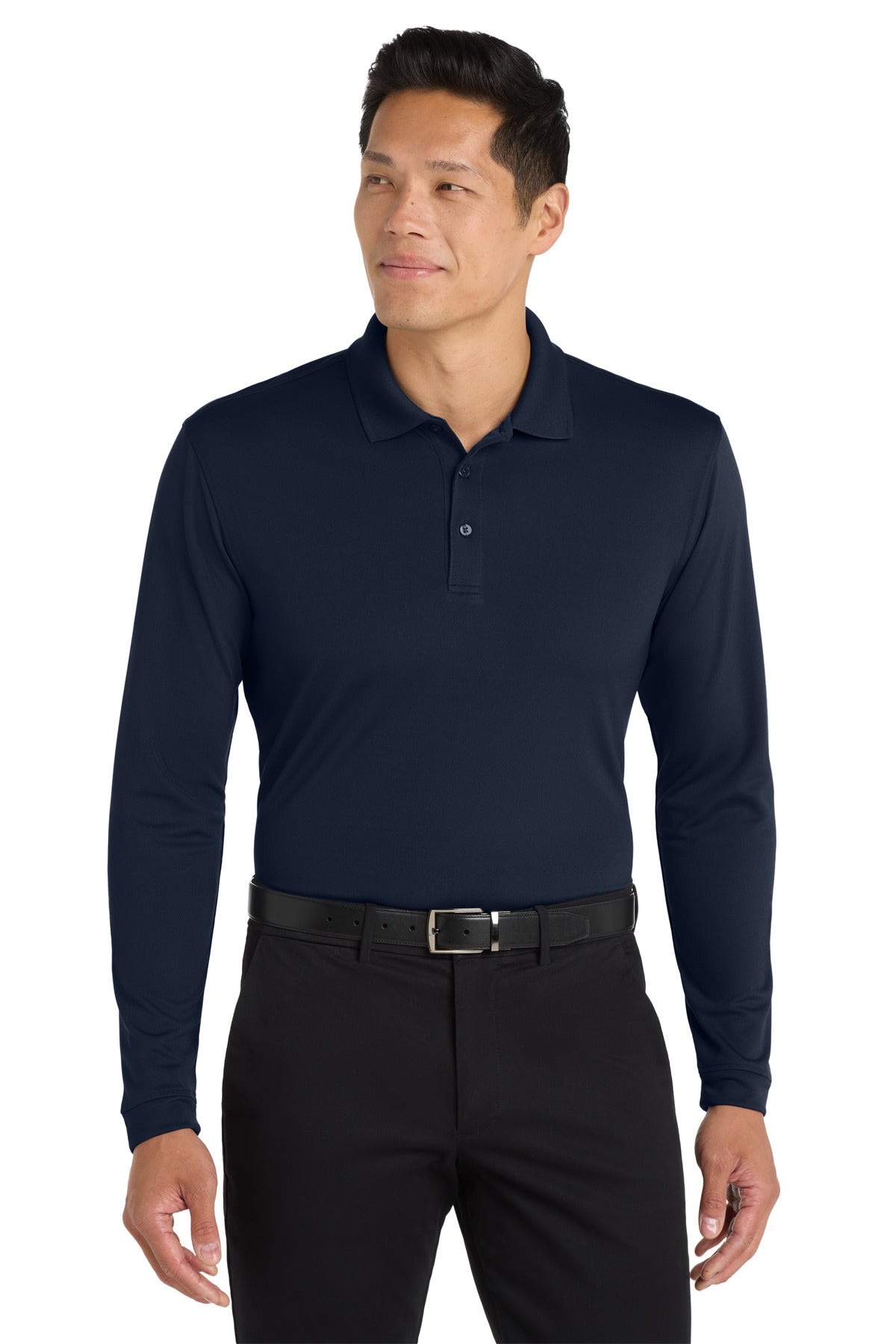 Front View of River Blue Nvy Port Authority Dry Zone UV Micro-Mesh Long Sleeve Polo K110LS