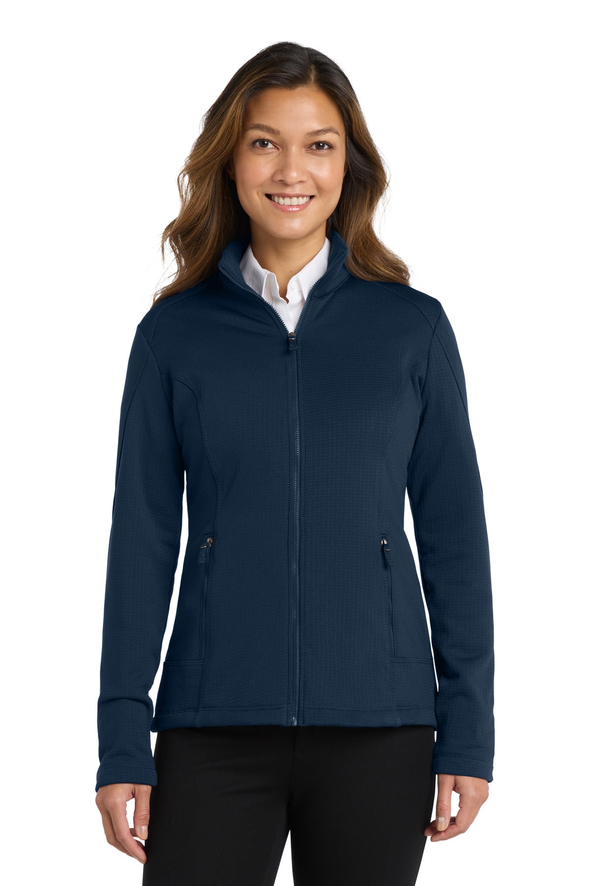 Front View of River Blue Nvy Port Authority Women's Grid Fleece Jacket. L239