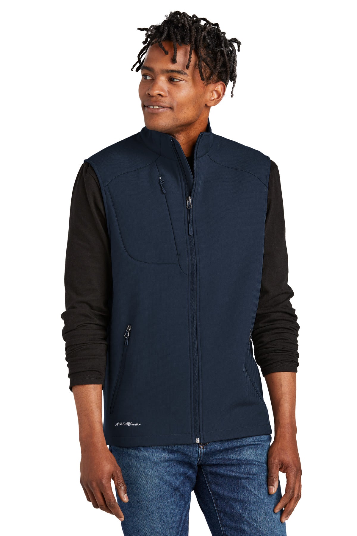 Front View of RiverBlNv Eddie Bauer Stretch Soft Shell Vest EB546