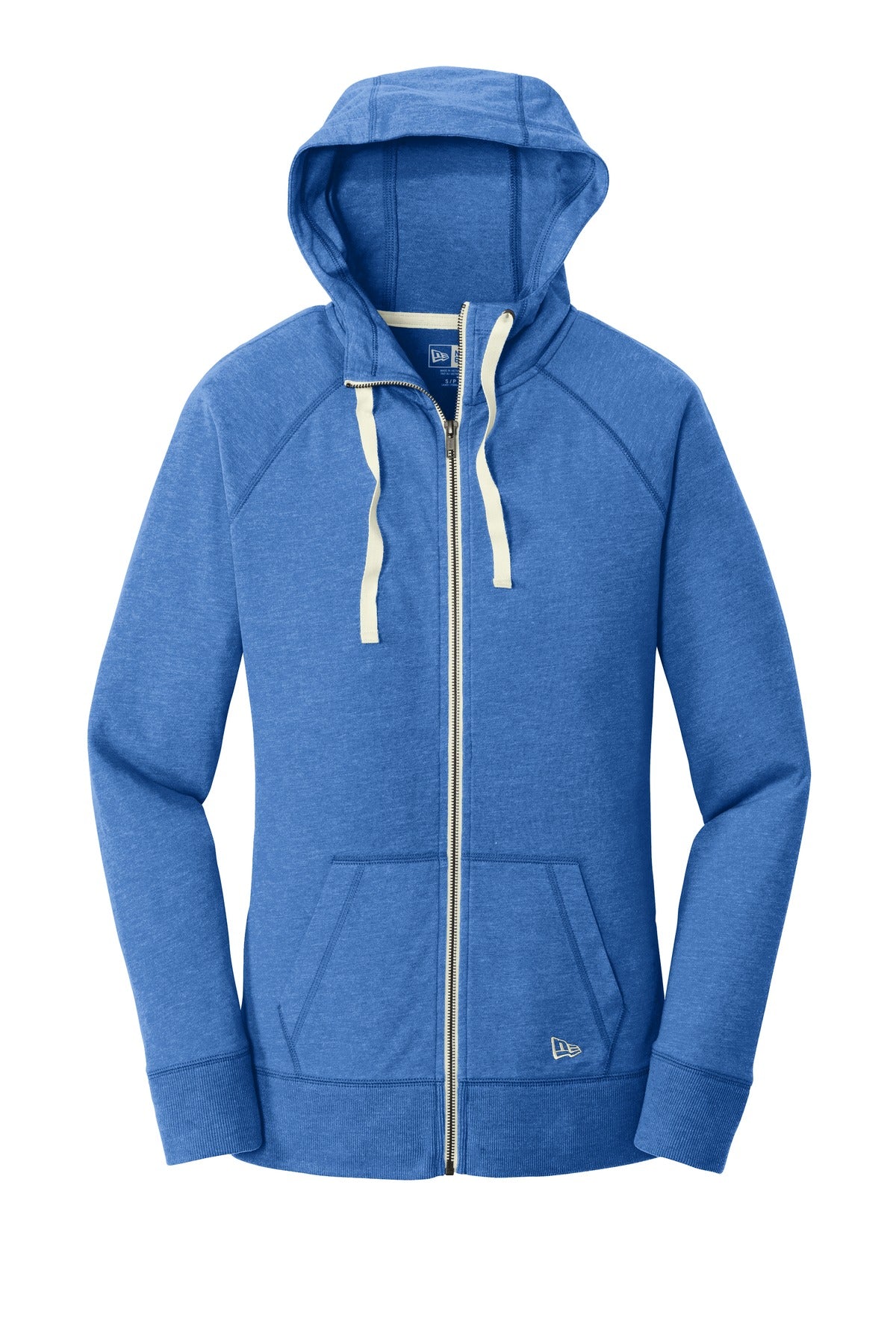 Front View of Royal Heather New Era Women's Sueded Cotton Blend Full-Zip Hoodie. LNEA122