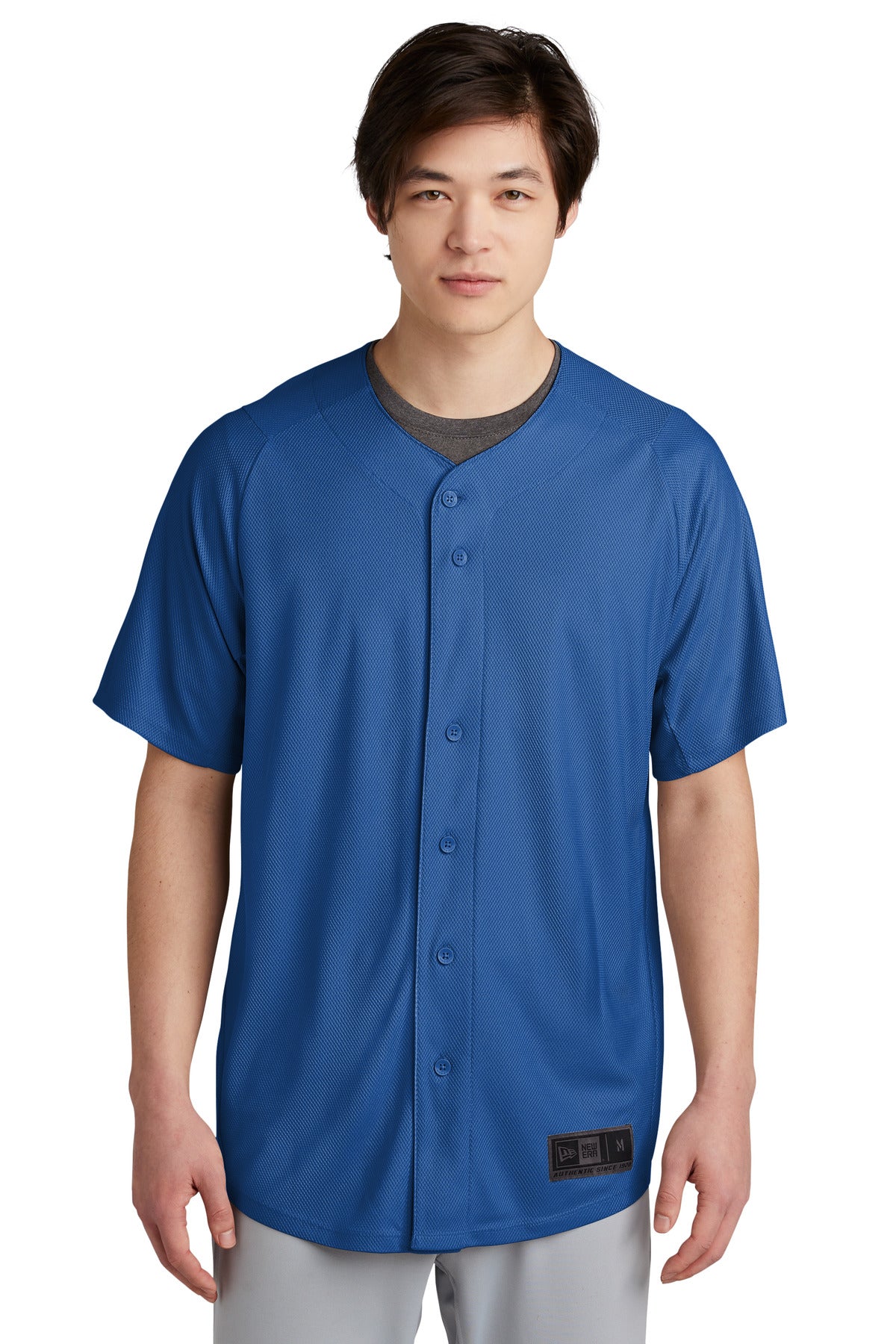 Front View of Royal New Era Diamond Era Full-Button Jersey. NEA220