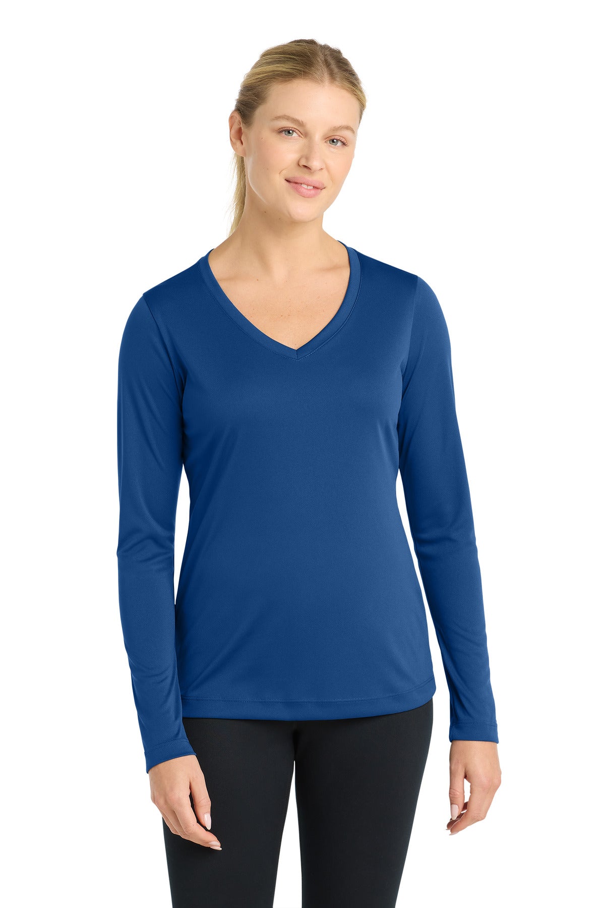 Front View of Royal Sport-Tek Women's Long Sleeve PosiCharge Competitor V-Neck Tee. LST353LS