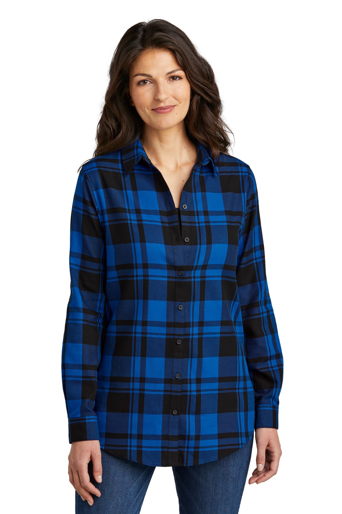 Front View of Royal/Black Port Authority Women's Plaid Flannel Tunic . LW668