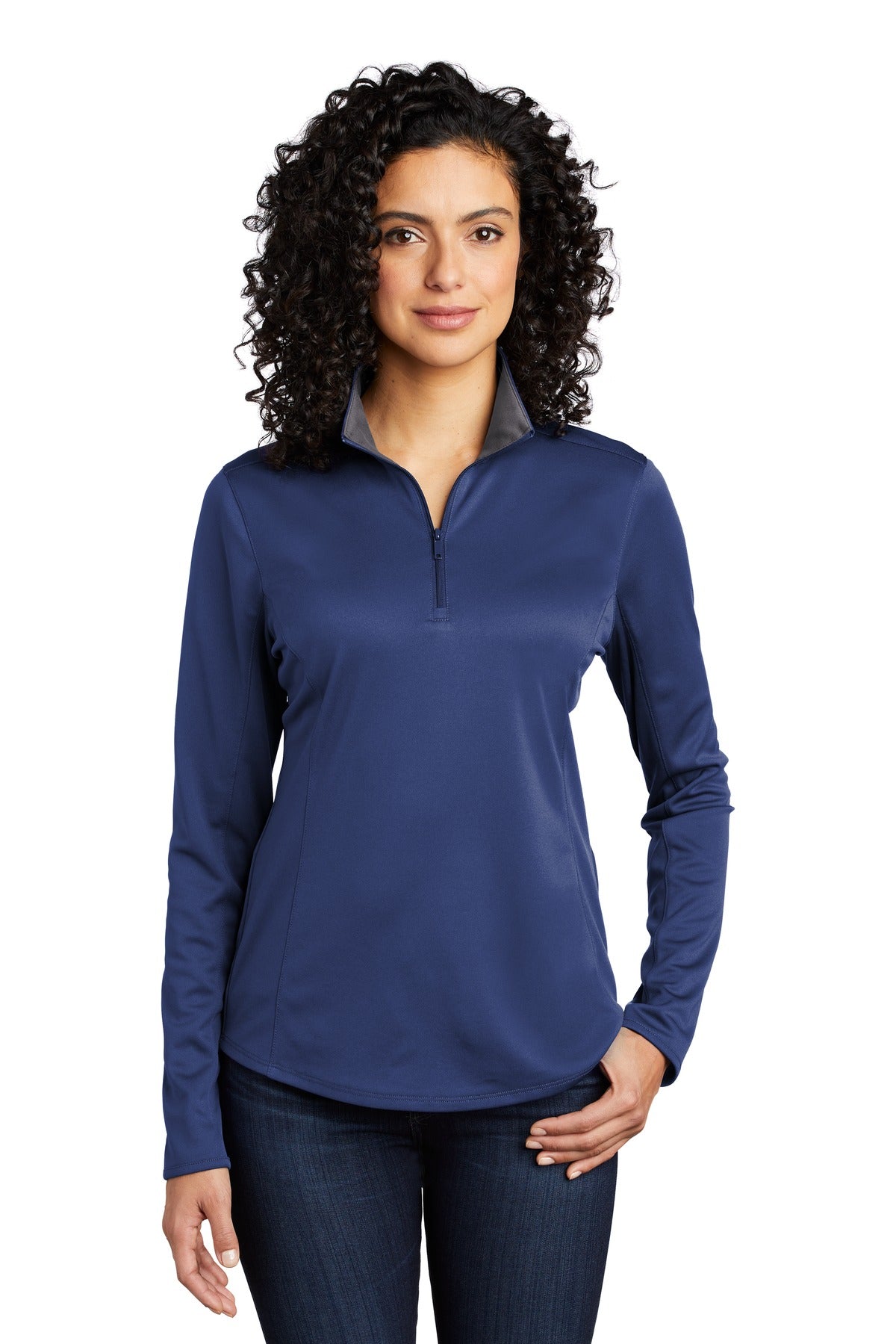 Front View of Royal/Steel Gy Port Authority Women's Silk Touch Performance 1/4-Zip LK584