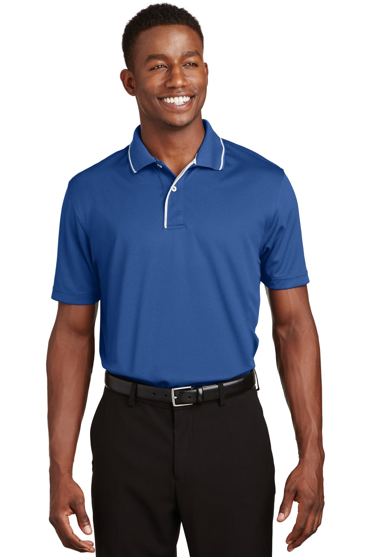 Front View of Royal/White Sport-Tek Dri-Mesh Polo with Tipped Collar and Piping. K467