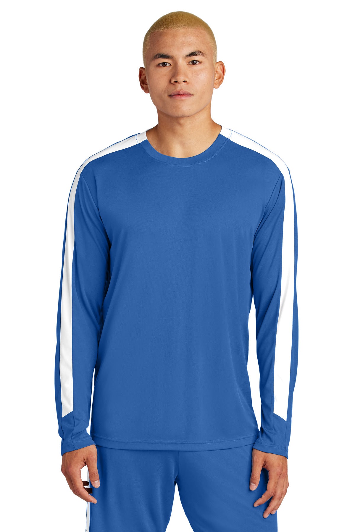 Front View of Royal/Wht Sport-Tek Competitor United Long Sleeve Crew ST100LS