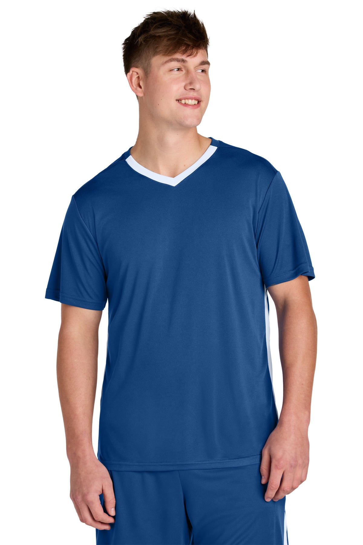 Front View of Royal/Wht Sport-Tek Competitor United V-Neck ST101