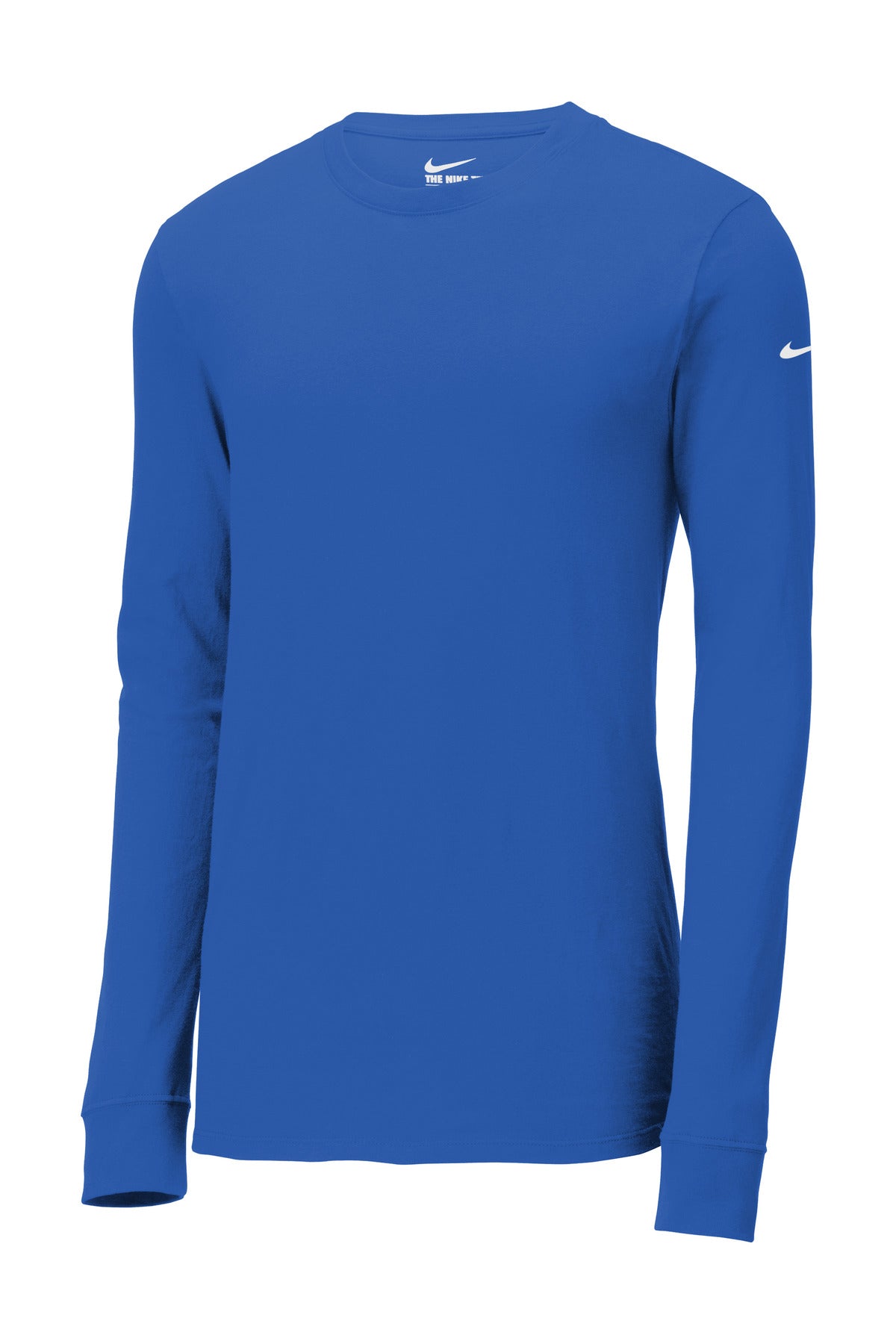 Front View of Rush Blue Nike Dri-FIT Cotton/Poly Long Sleeve Tee. NKBQ5230