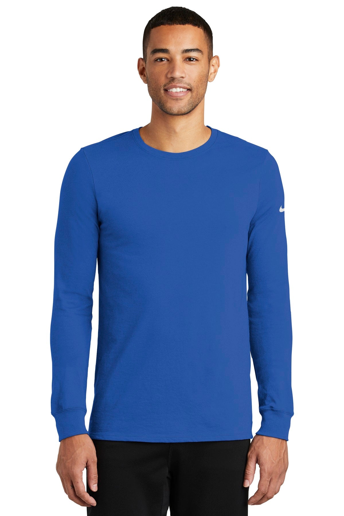 Front View of Rush Blue Nike Dri-FIT Cotton/Poly Long Sleeve Tee. NKBQ5230