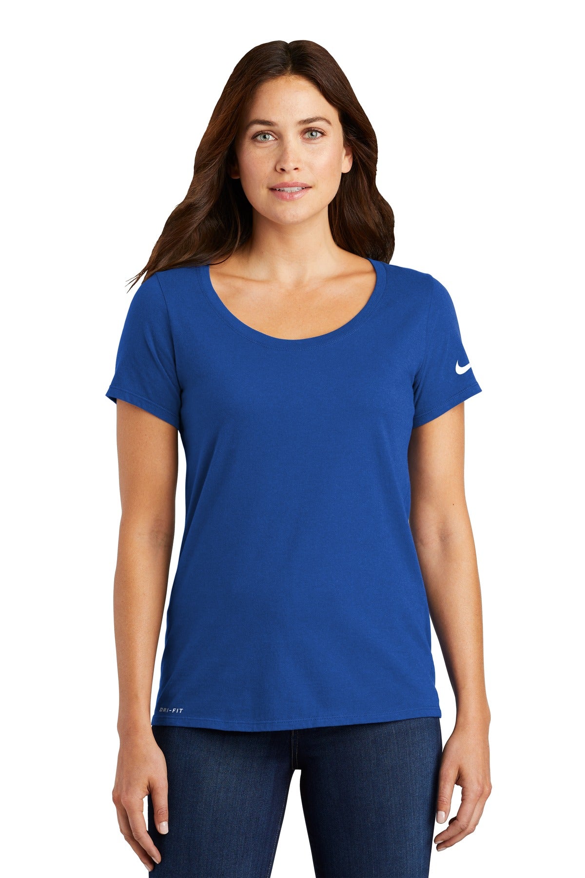 Front View of Rush Blue Nike Women's Dri-FIT Cotton/Poly Scoop Neck Tee. NKBQ5234