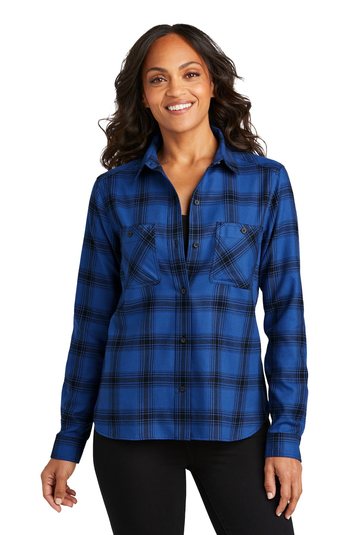 Front View of Ry/BkOpPld Port Authority Women's Plaid Flannel Shirt LW669