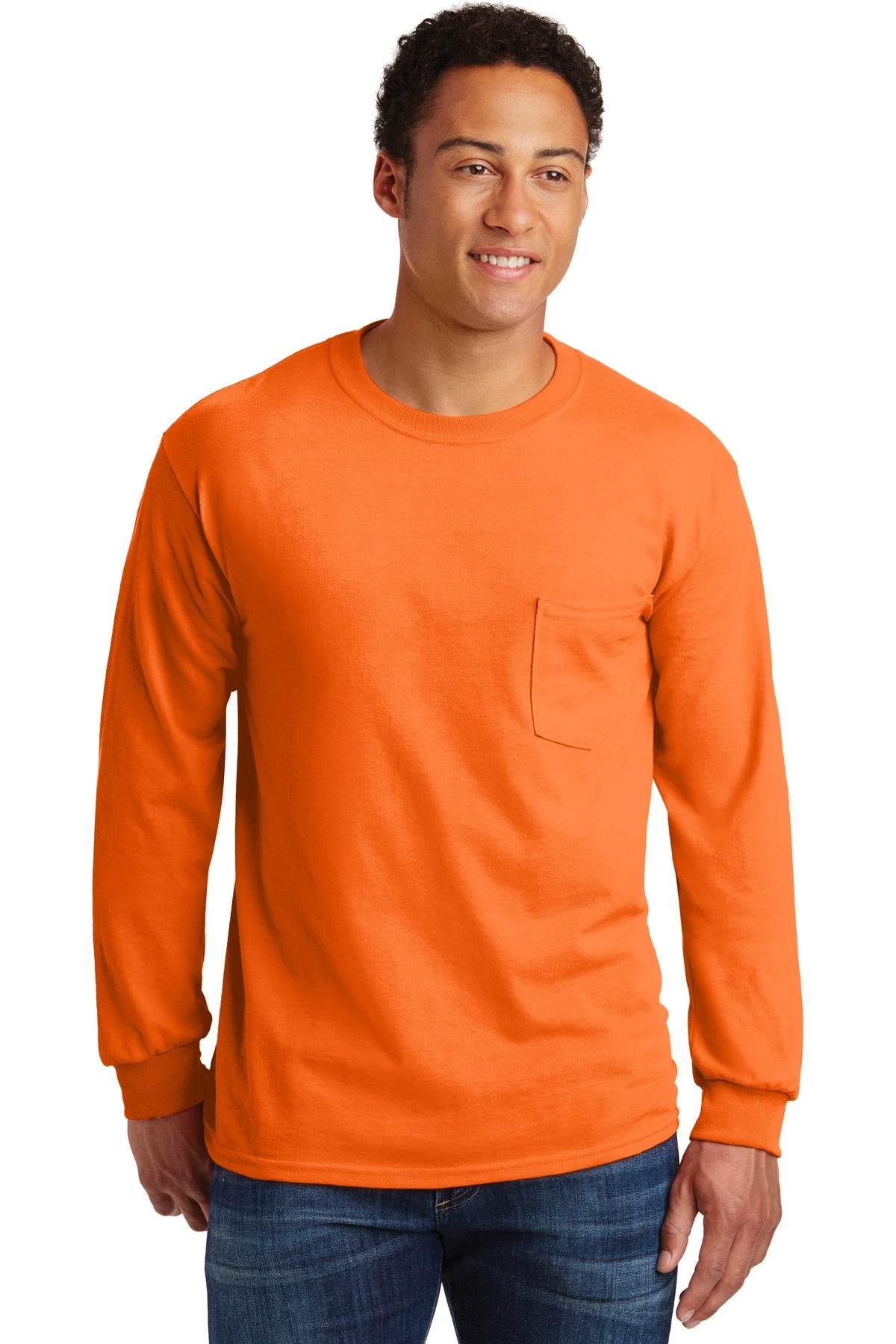 Front View of S Orange Gildan - Ultra Cotton 100% US Cotton Long Sleeve T-Shirt with Pocket. 2410