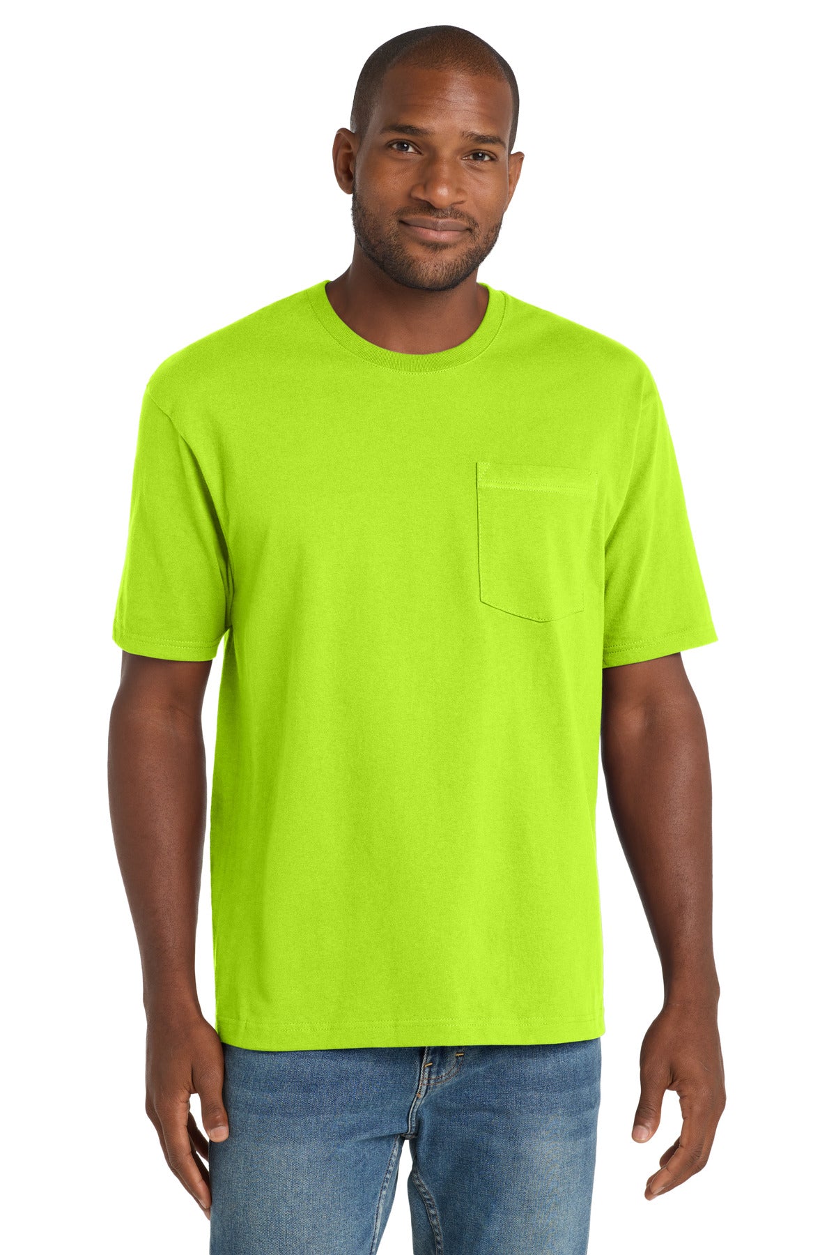 Front View of Safety Green CornerStone Workwear Pocket Tee CS430