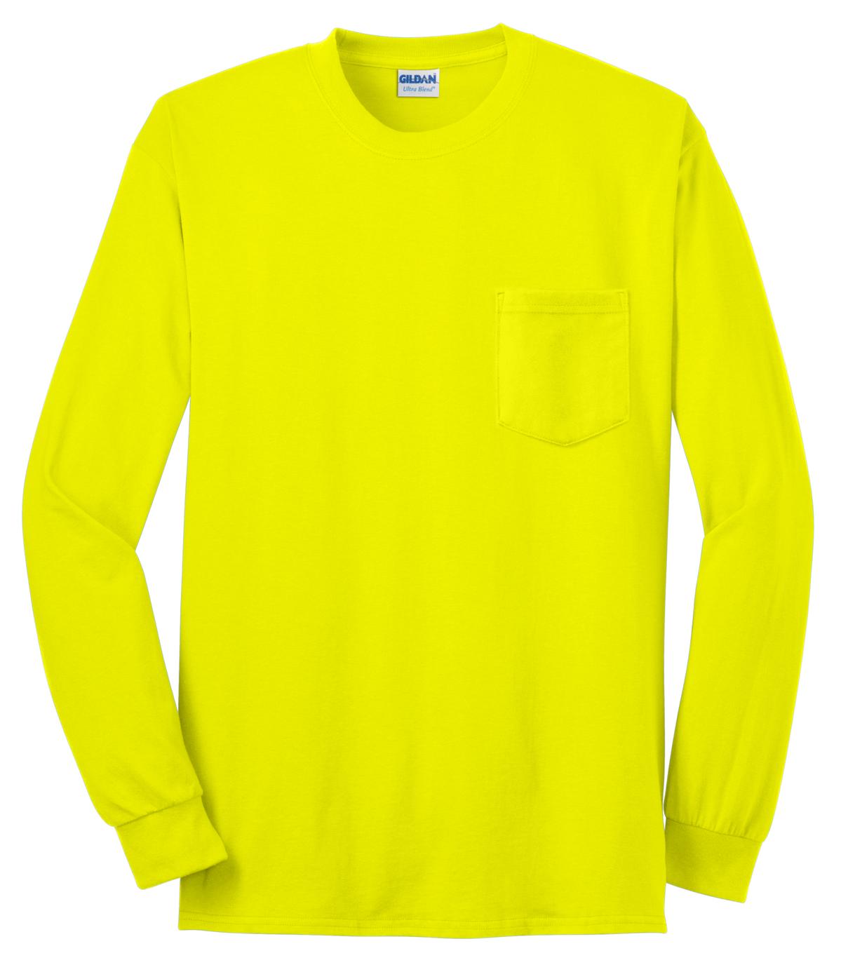 Front View of Safety Green Gildan - Ultra Cotton 100% US Cotton Long Sleeve T-Shirt with Pocket. 2410