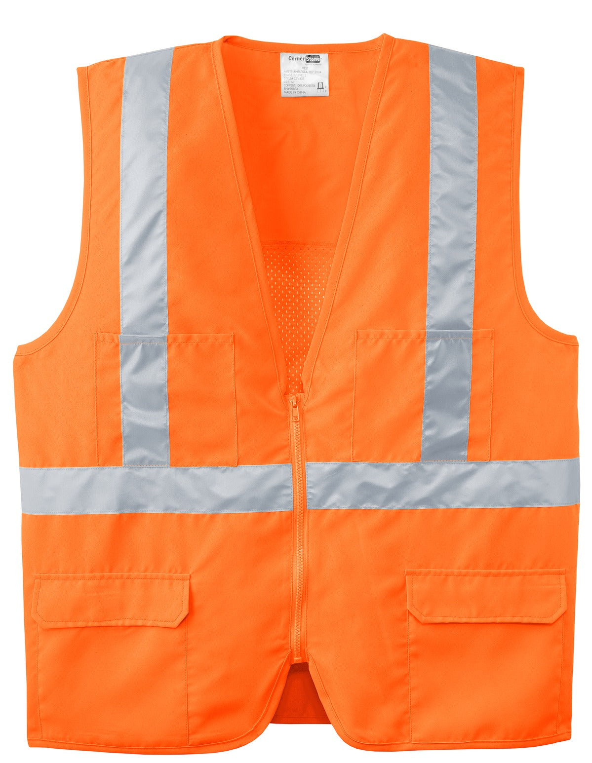 Front View of Safety Orange CornerStone - ANSI 107 Class 2 Mesh Back Safety Vest. CSV405