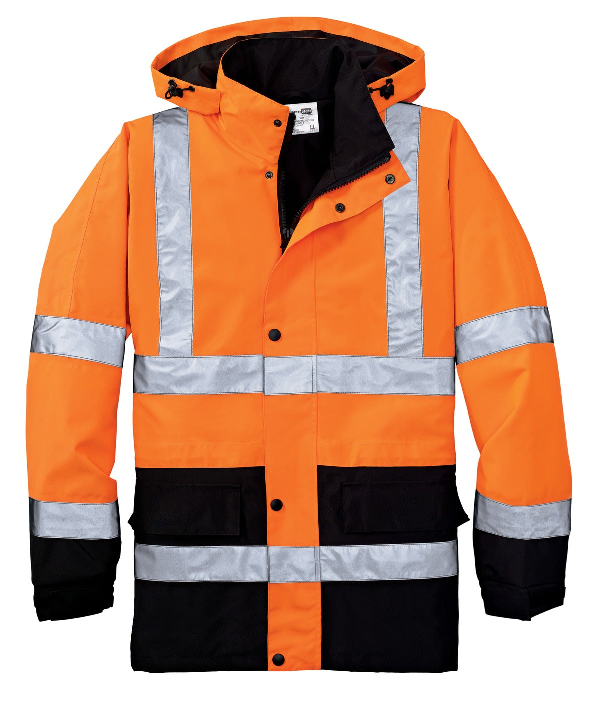 Front View of Safety Orange CornerStone - ANSI 107 Class 3 Waterproof Parka. CSJ24