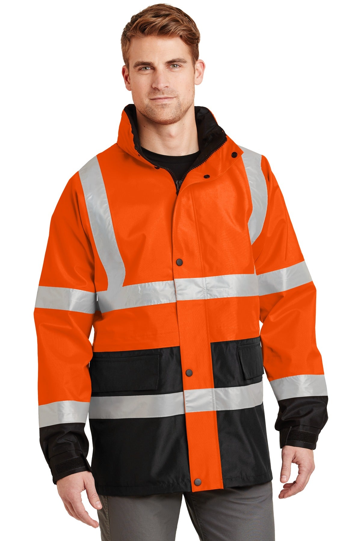 Front View of Safety Orange CornerStone - ANSI 107 Class 3 Waterproof Parka. CSJ24