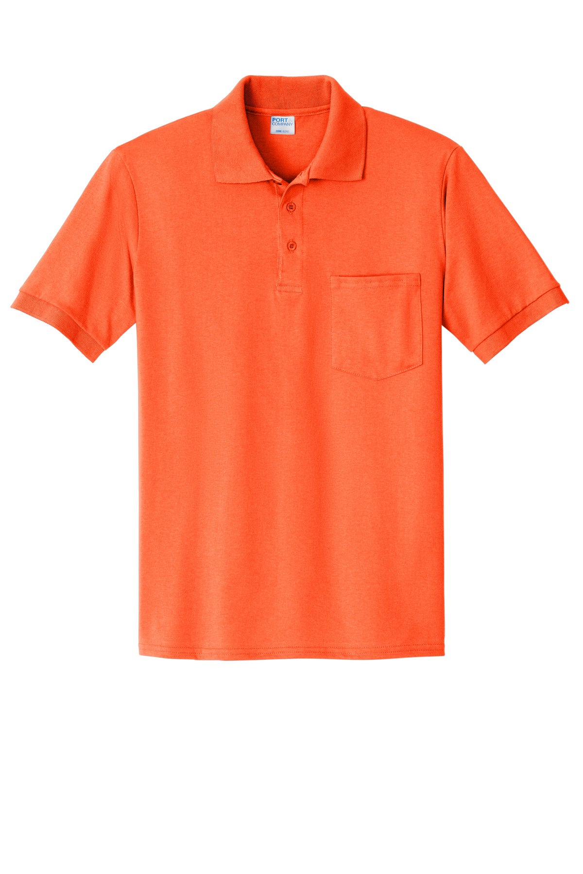 Front View of Safety Orange Port & Company Core Blend Jersey Knit Pocket Polo. KP55P