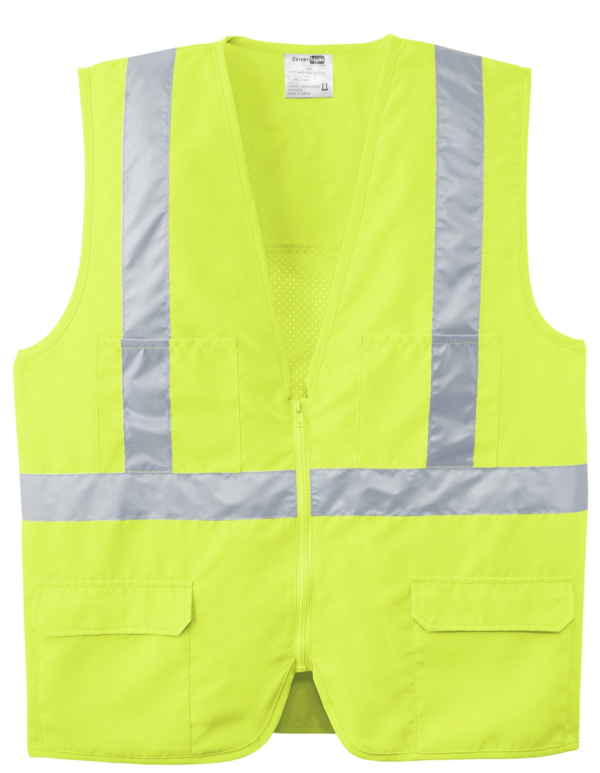 Front View of Safety Yellow CornerStone - ANSI 107 Class 2 Mesh Back Safety Vest. CSV405