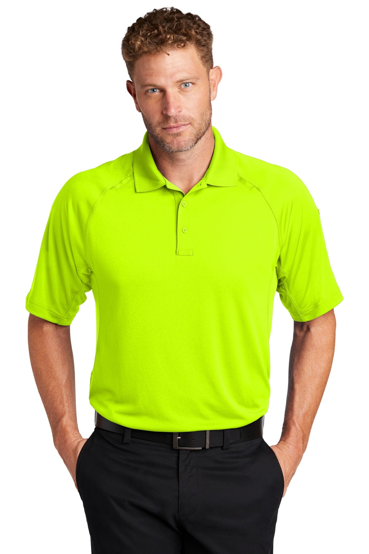 Front View of Safety Yellow CornerStone Select Lightweight Snag-Proof Tactical Polo. CS420