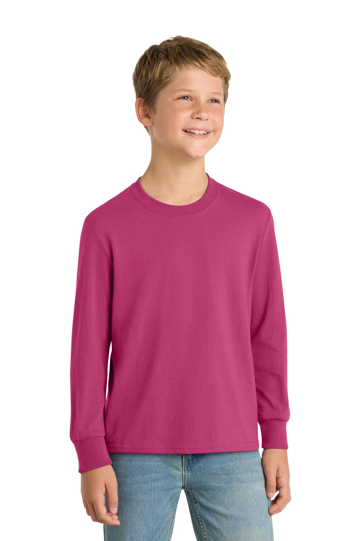 Front View of Sangria Port & Company Youth Long Sleeve Core Cotton Tee. PC54YLS