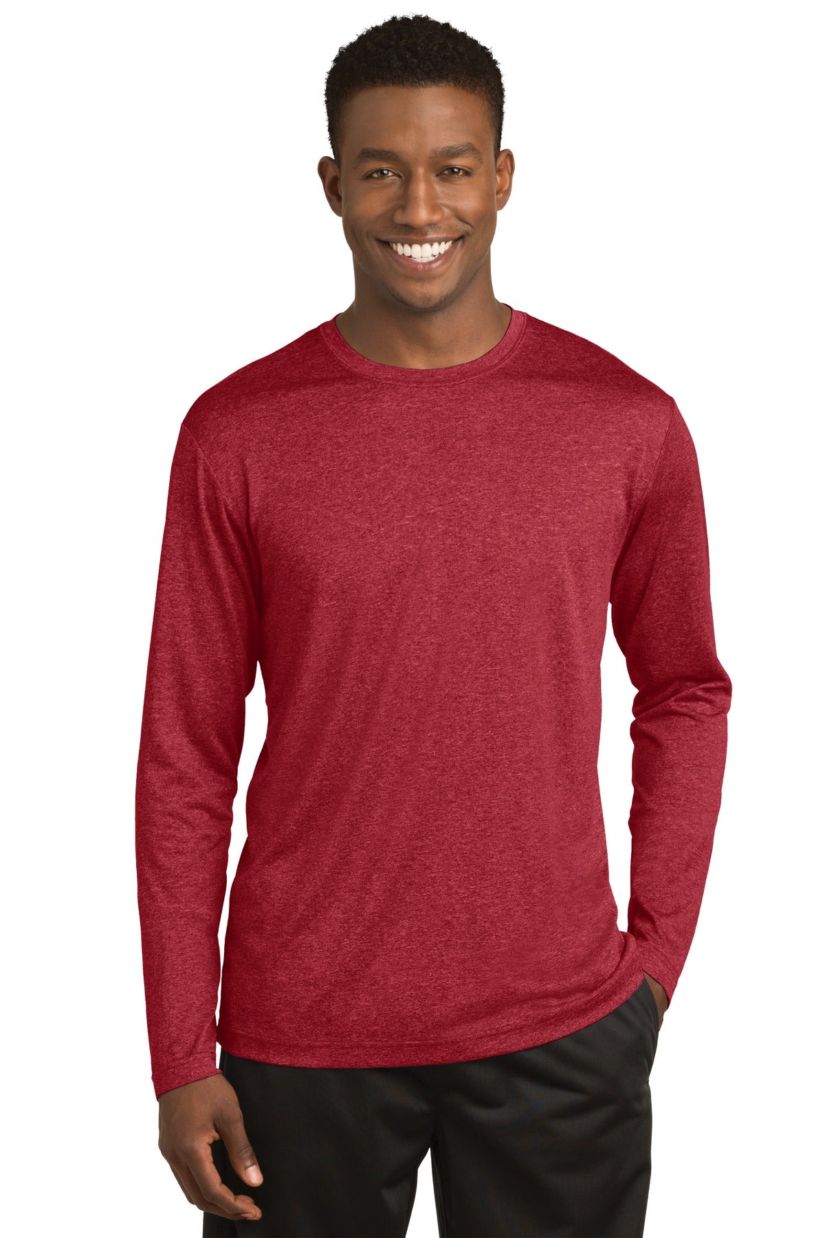 Front View of Scarlet Hthr Sport-Tek Long Sleeve Heather Contender Tee. ST360LS