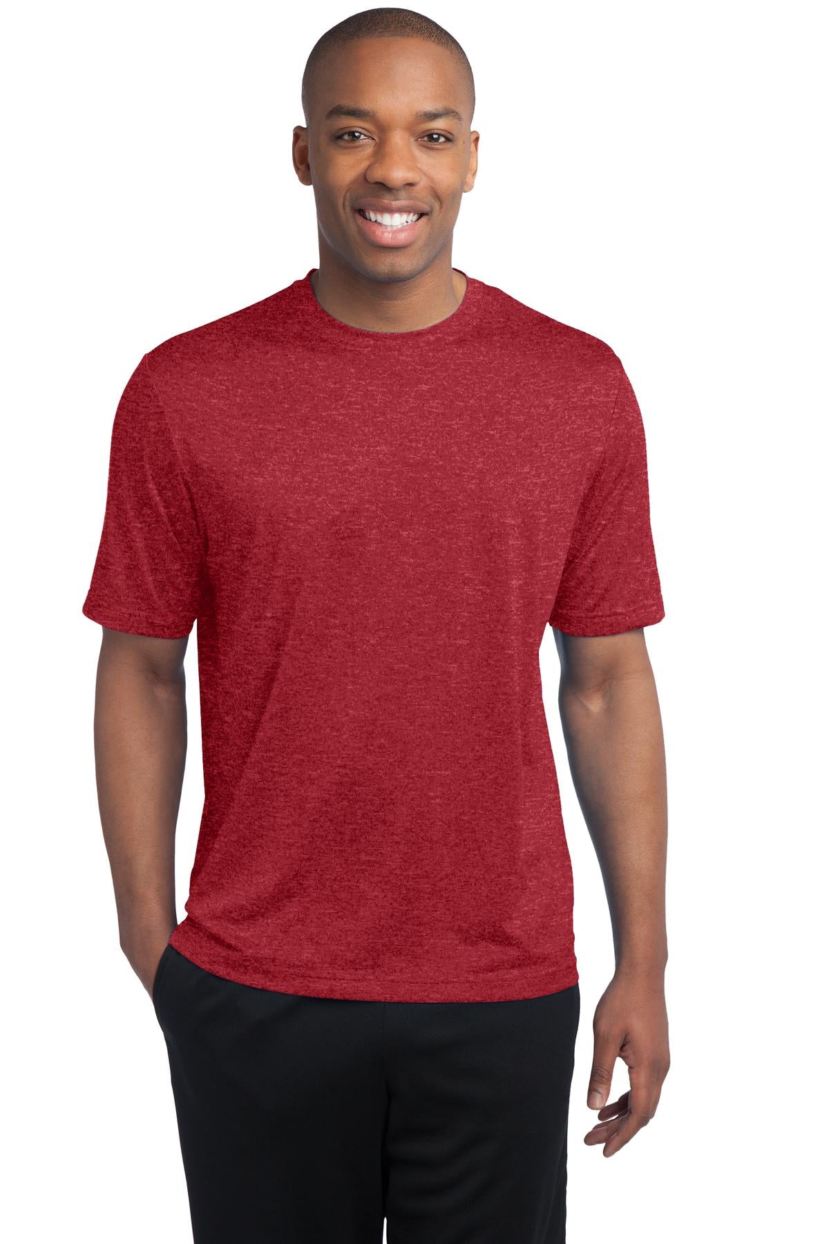 Front View of Scarlet Hthr Sport-Tek Tall Heather Contender Tee. TST360