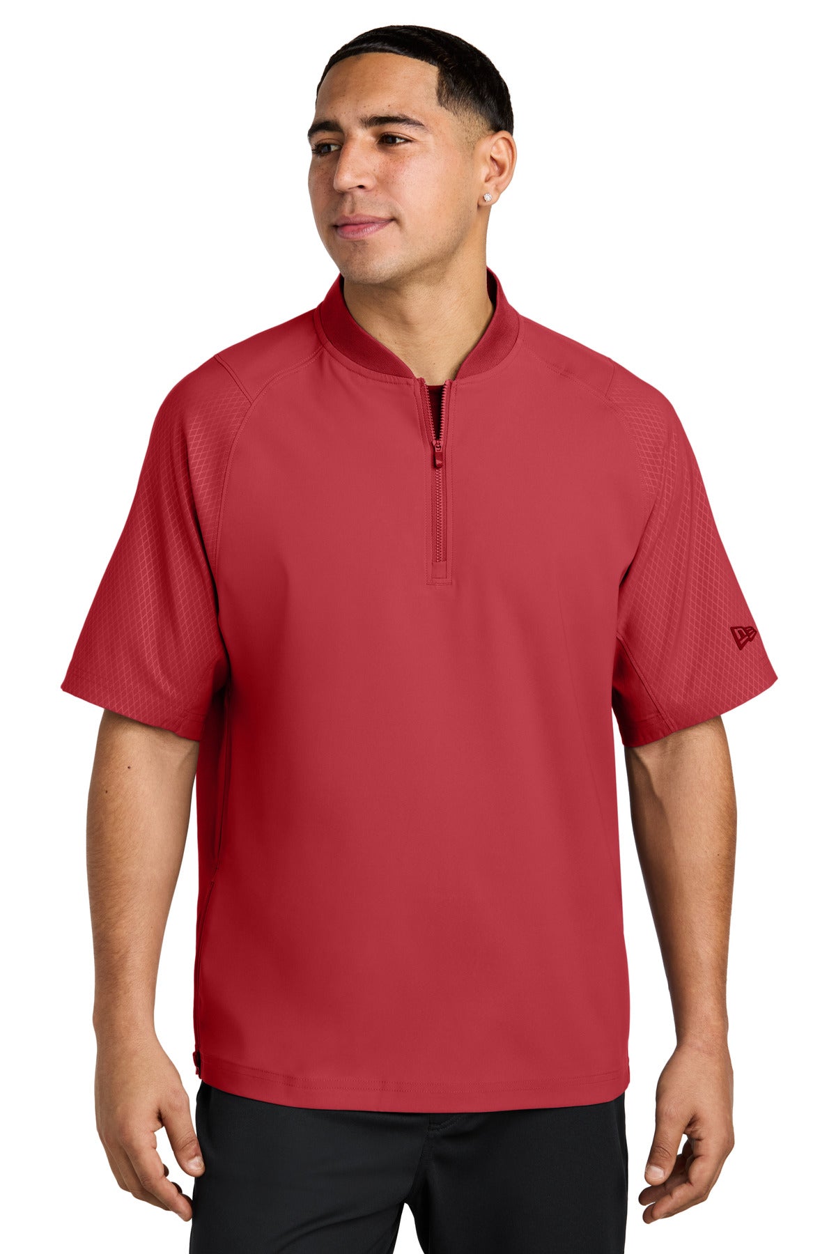 Front View of Scarlet New Era Cage Short Sleeve 1/4-Zip Jacket. NEA600
