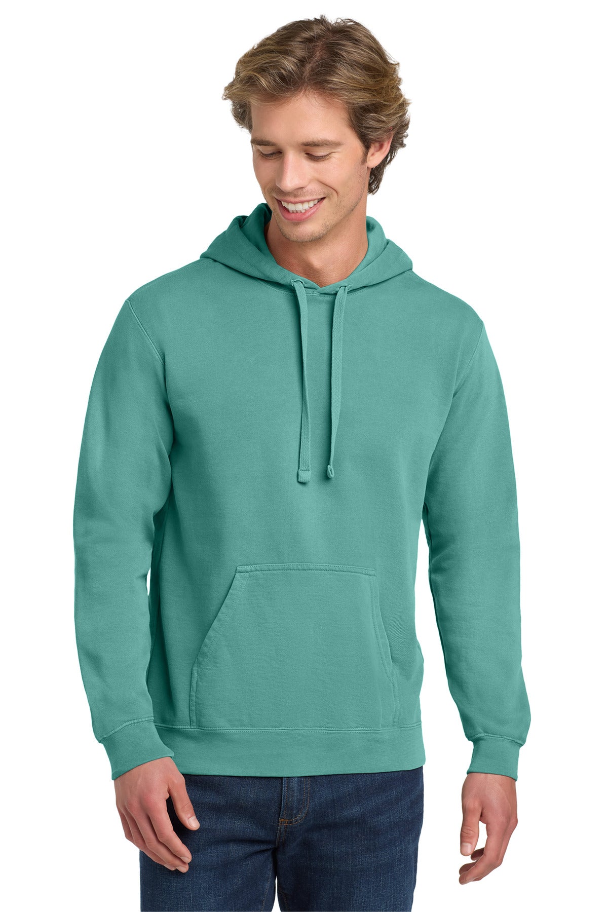 Front View of Seafoam COMFORT COLORS Ring Spun Hooded Sweatshirt. 1567