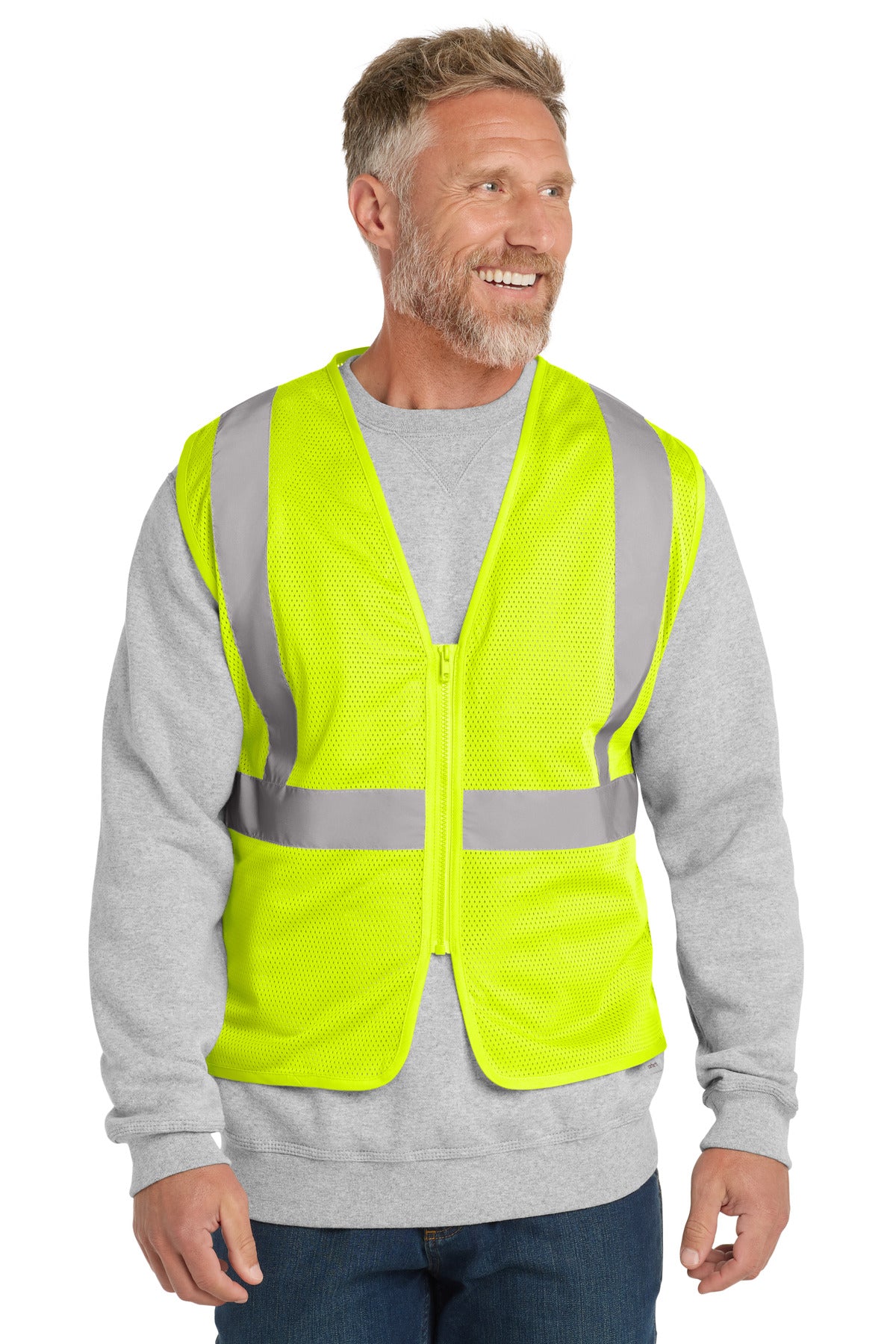Front View of SftyYellow CornerStone ANSI 107 Class 2 Economy Mesh Zippered Vest. CSV101
