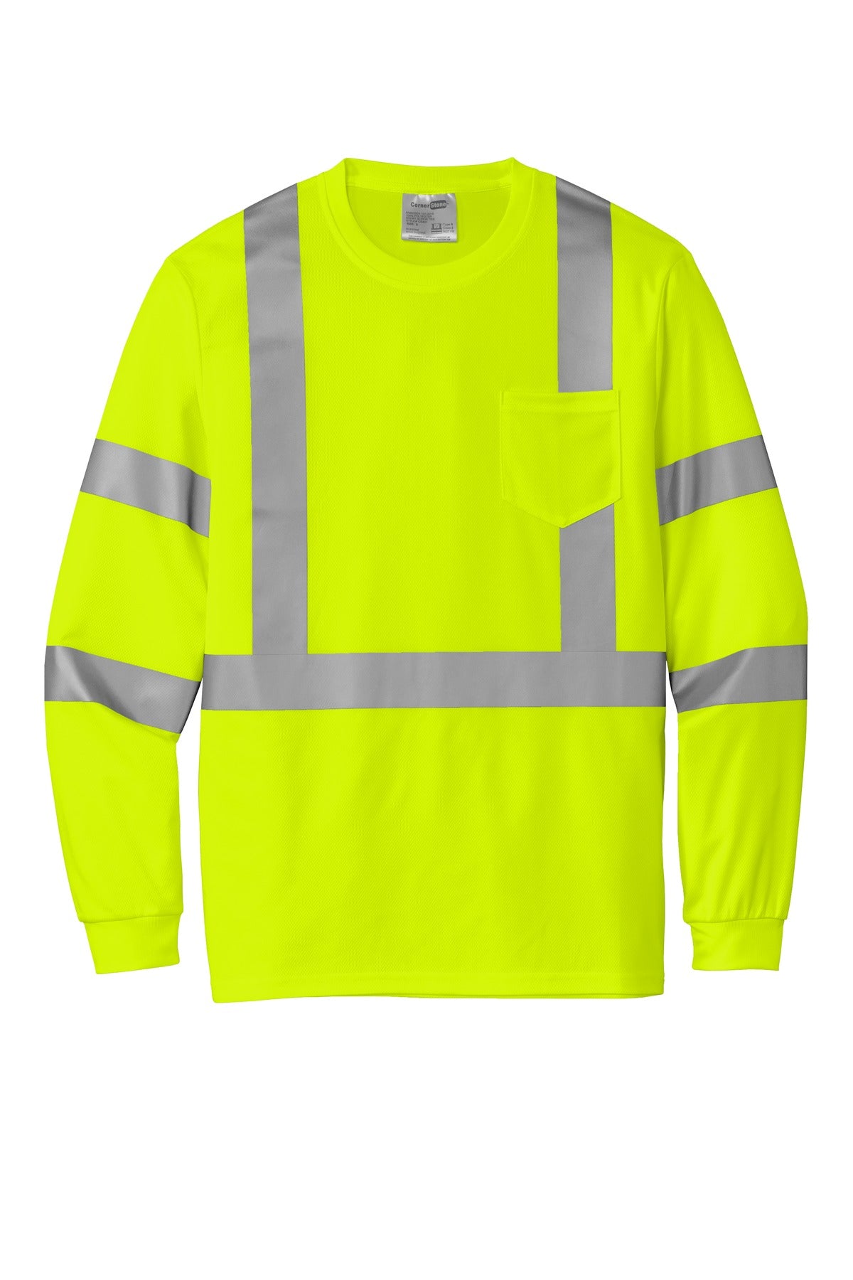 Front View of SftyYellow CornerStone ANSI 107 Class 3 Mesh Long Sleeve Tee. CS203