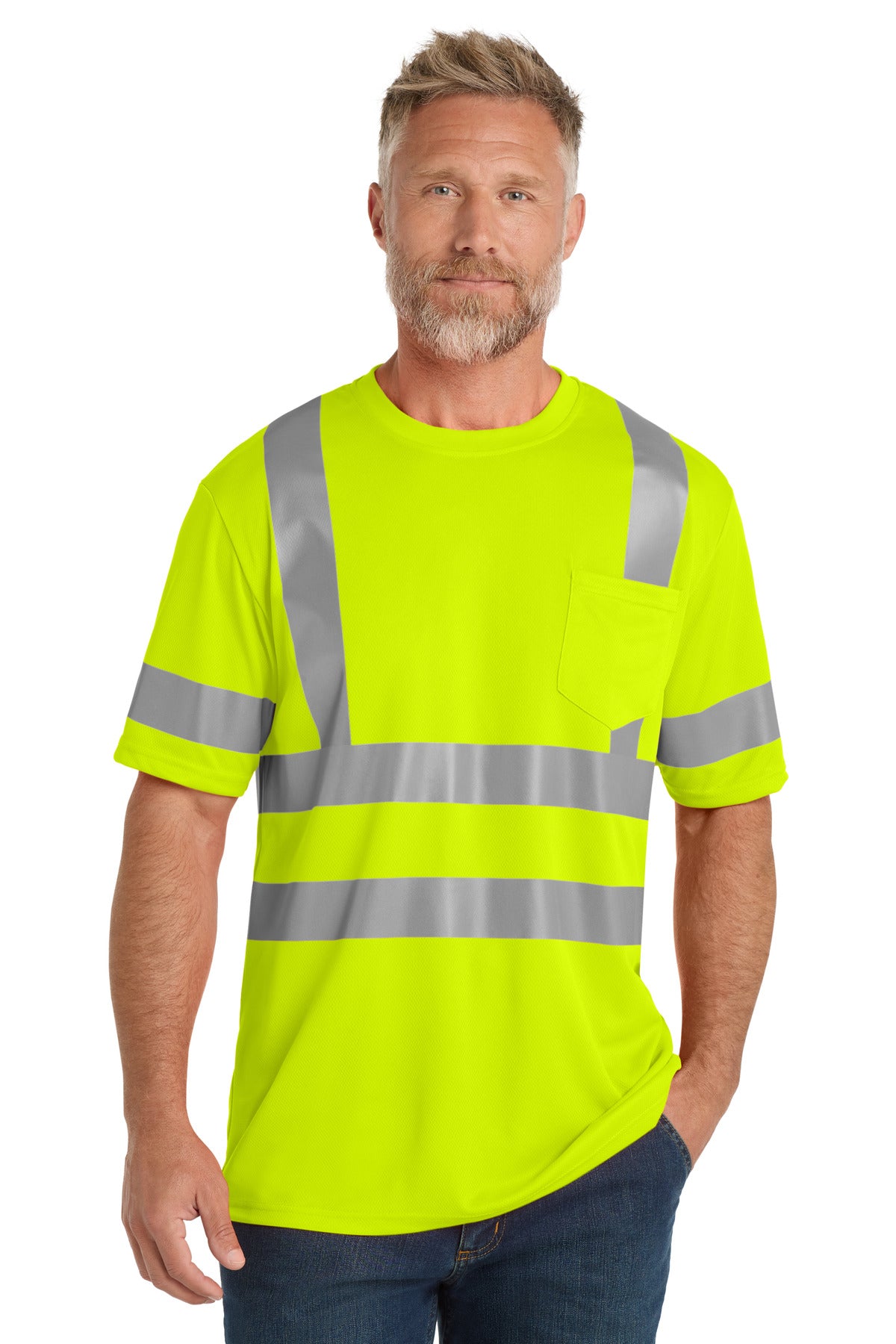 Front View of SftyYellow CornerStone ANSI 107 Class 3 Mesh Tee. CS202