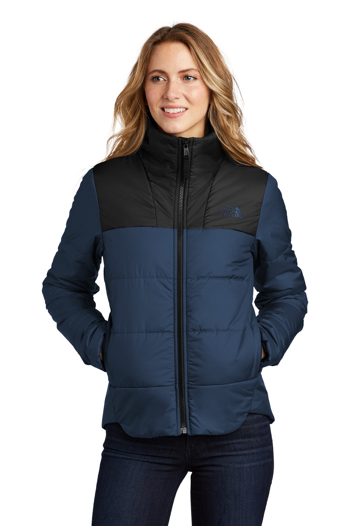 Front View of ShadyBlue The North Face Women's Chest Logo Everyday Insulated Jacket NF0A7V6K