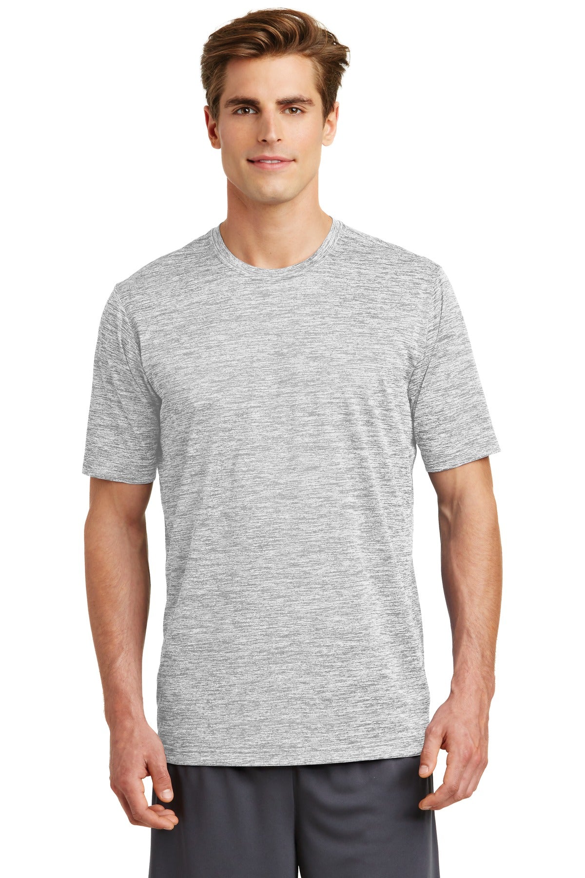 Front View of Silver Electrc Sport-Tek PosiCharge Electric Heather Tee. ST390