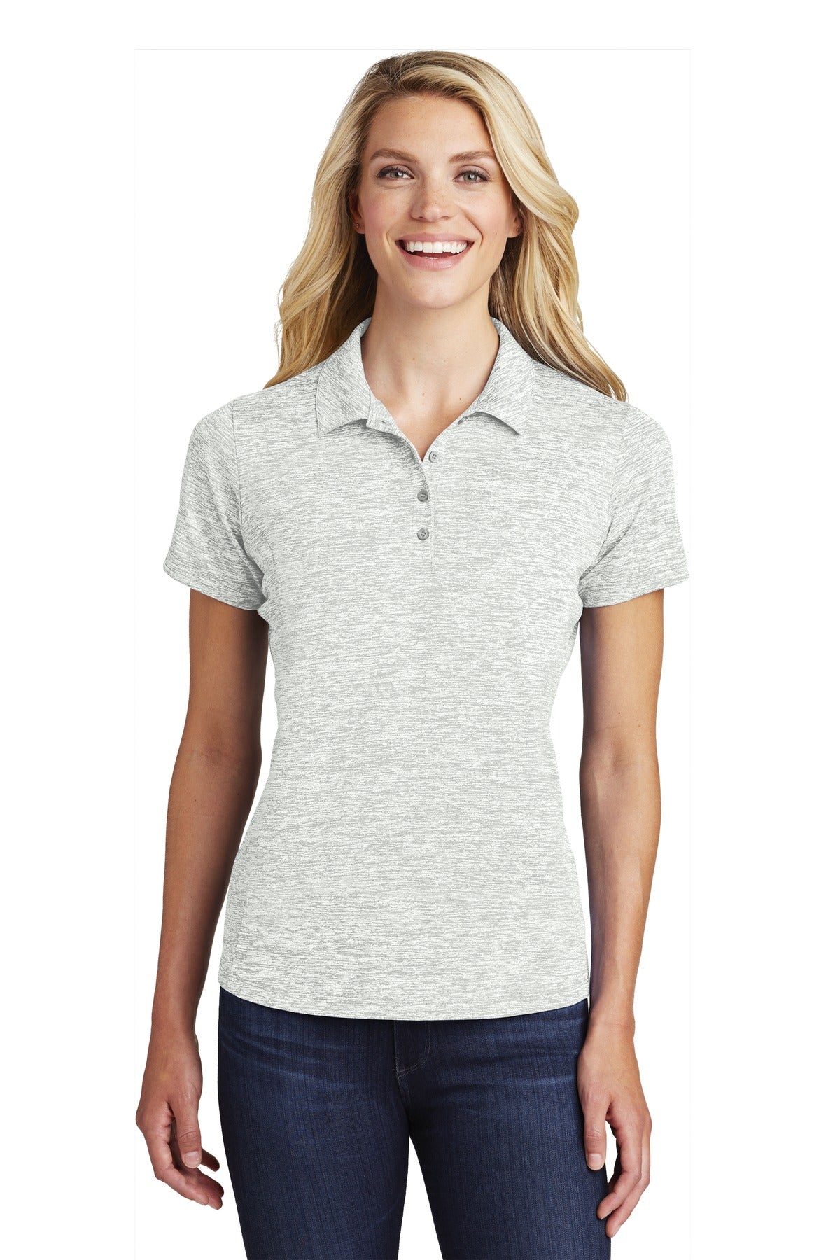 Front View of Silver Electrc Sport-Tek Women's PosiCharge Electric Heather Polo. LST590