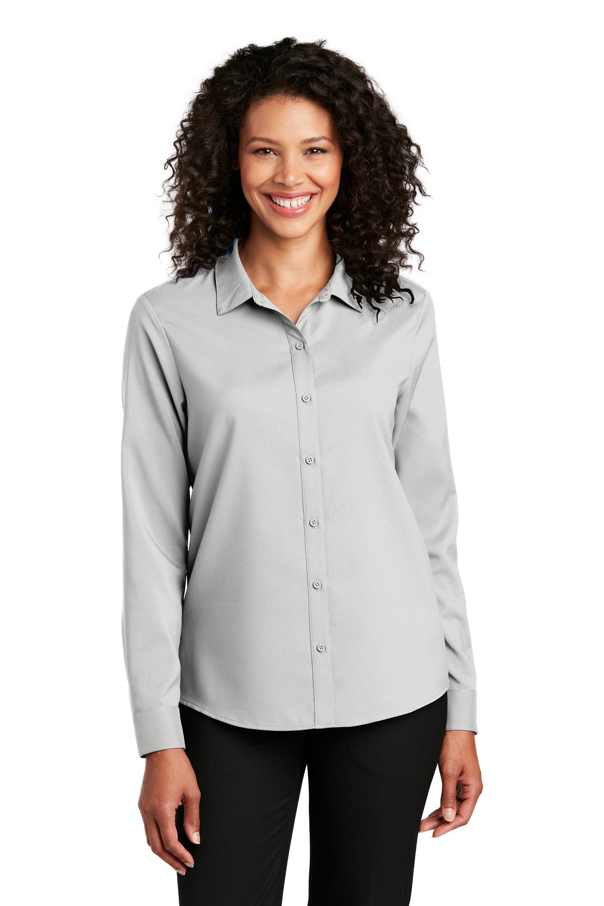 Front View of Silver Port Authority Women's Long Sleeve Performance Staff Shirt LW401