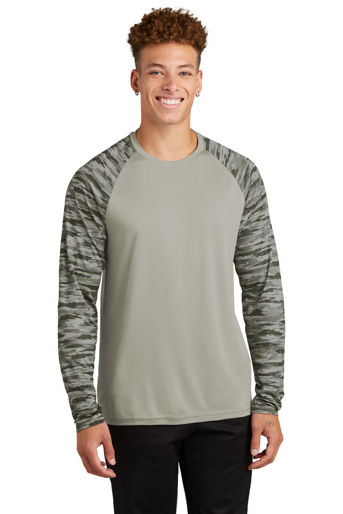 Front View of Silver Sport-Tek Drift Camo Colorblock Long Sleeve Tee ST376LS