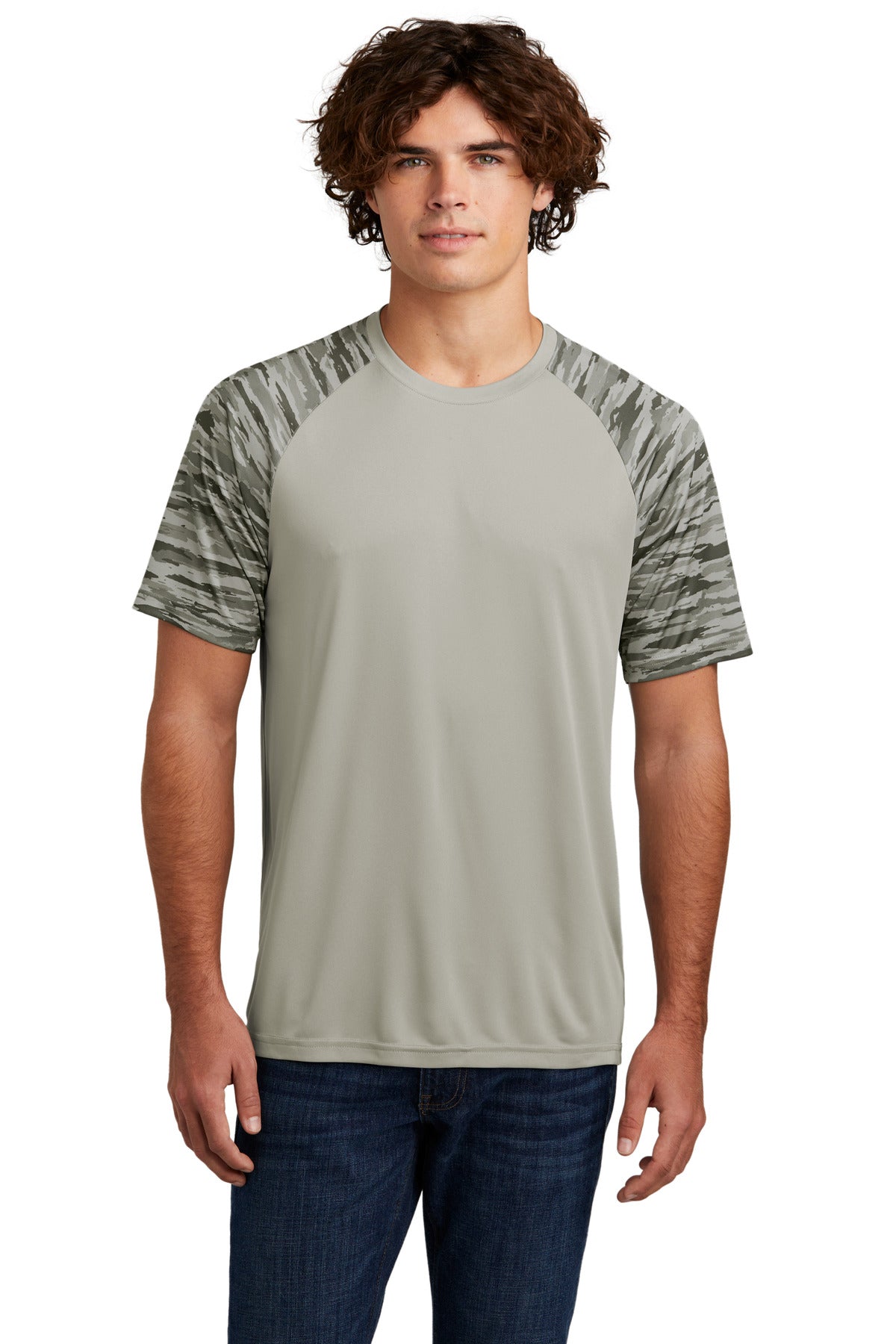 Front View of Silver Sport-Tek Drift Camo Colorblock Tee ST376