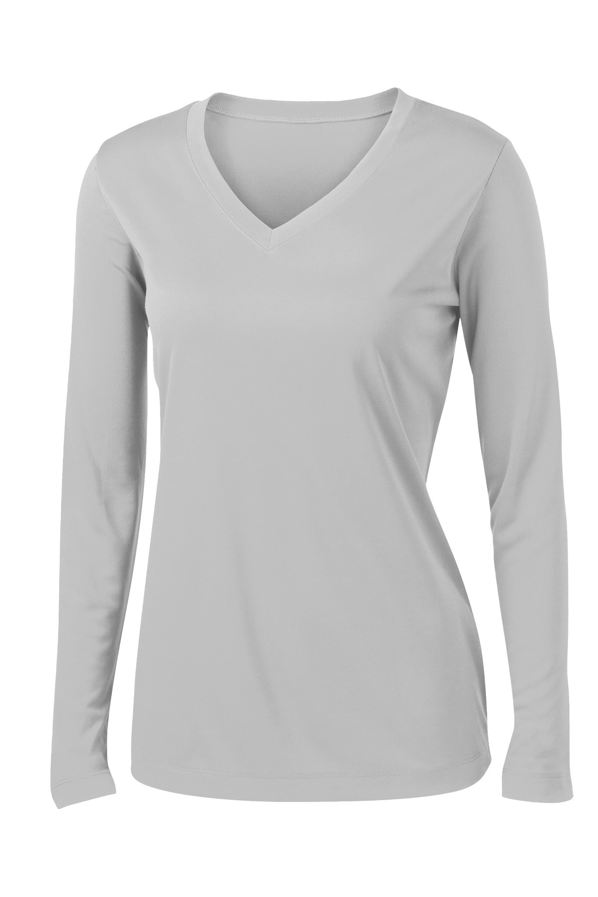 Front View of Silver Sport-Tek Women's Long Sleeve PosiCharge Competitor V-Neck Tee. LST353LS