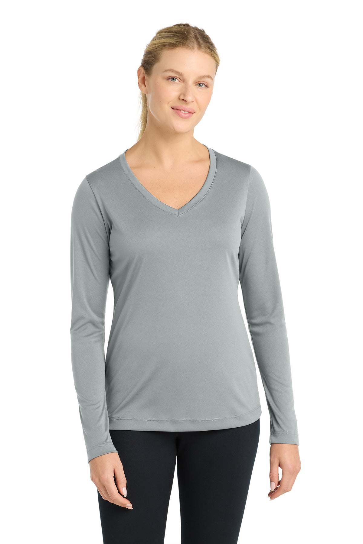 Front View of Silver Sport-Tek Women's Long Sleeve PosiCharge Competitor V-Neck Tee. LST353LS