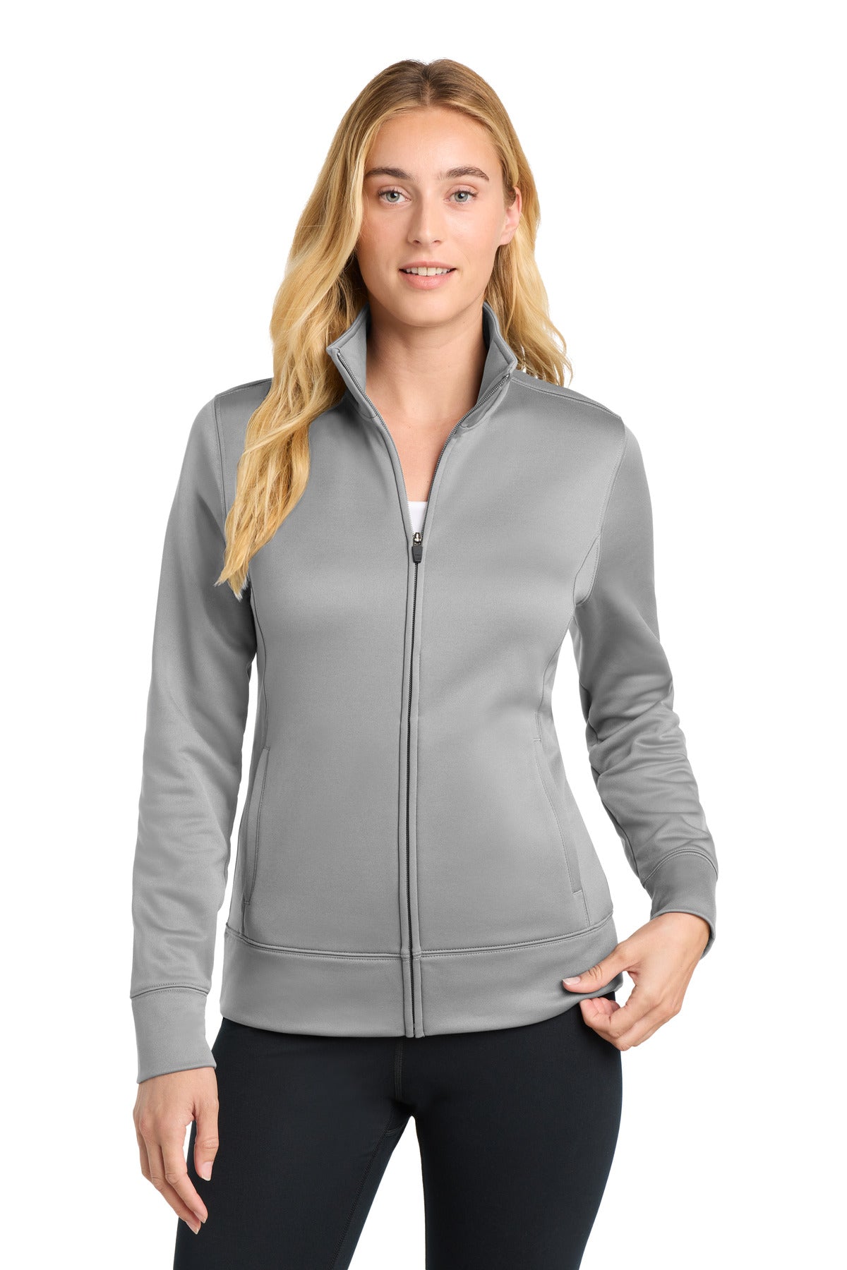 Front View of Silver Sport-Tek Women's Sport-Wick Fleece Full-Zip Jacket. LST241