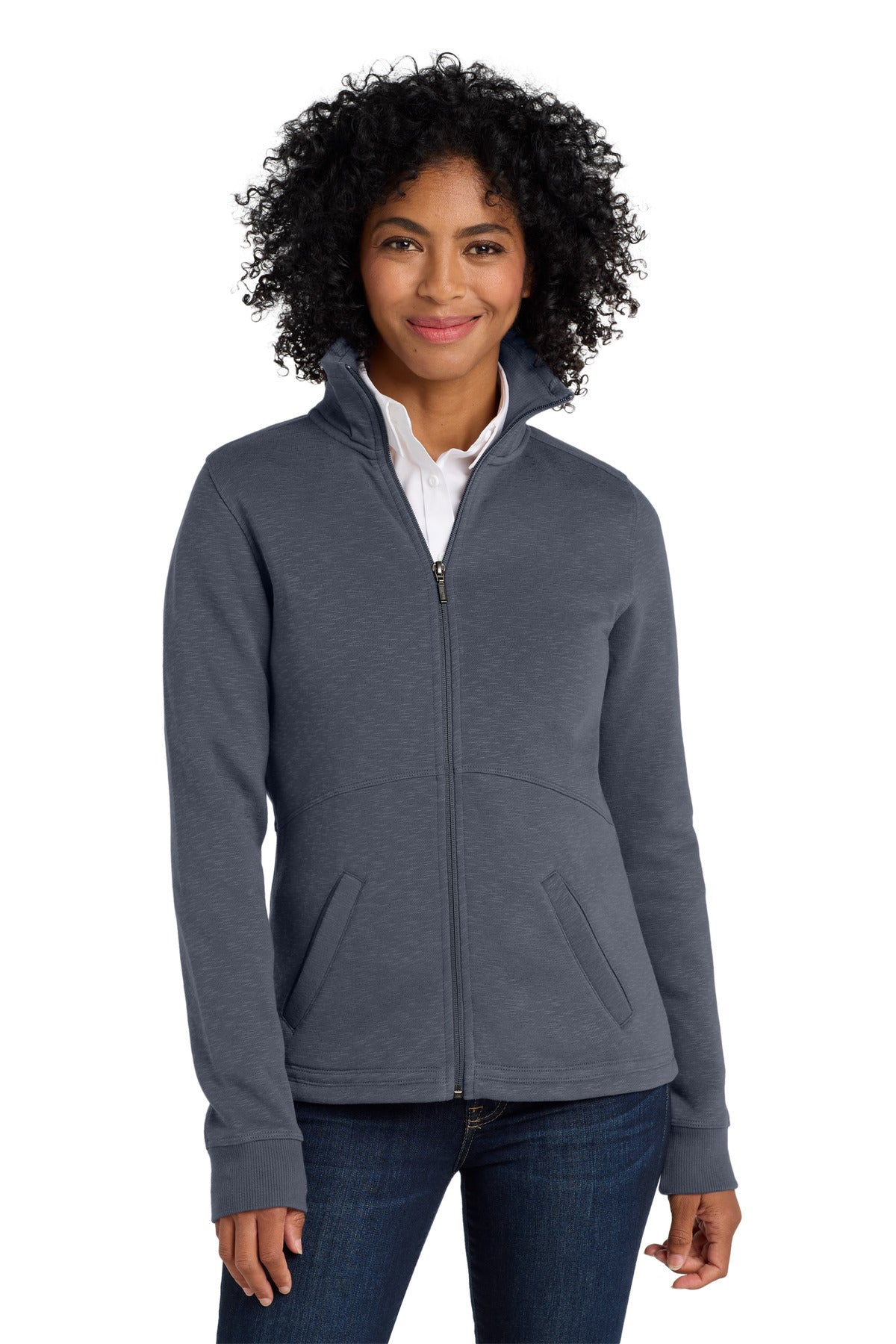 Front View of Slate Grey Port Authority Women's Slub Fleece Full-Zip Jacket. L293
