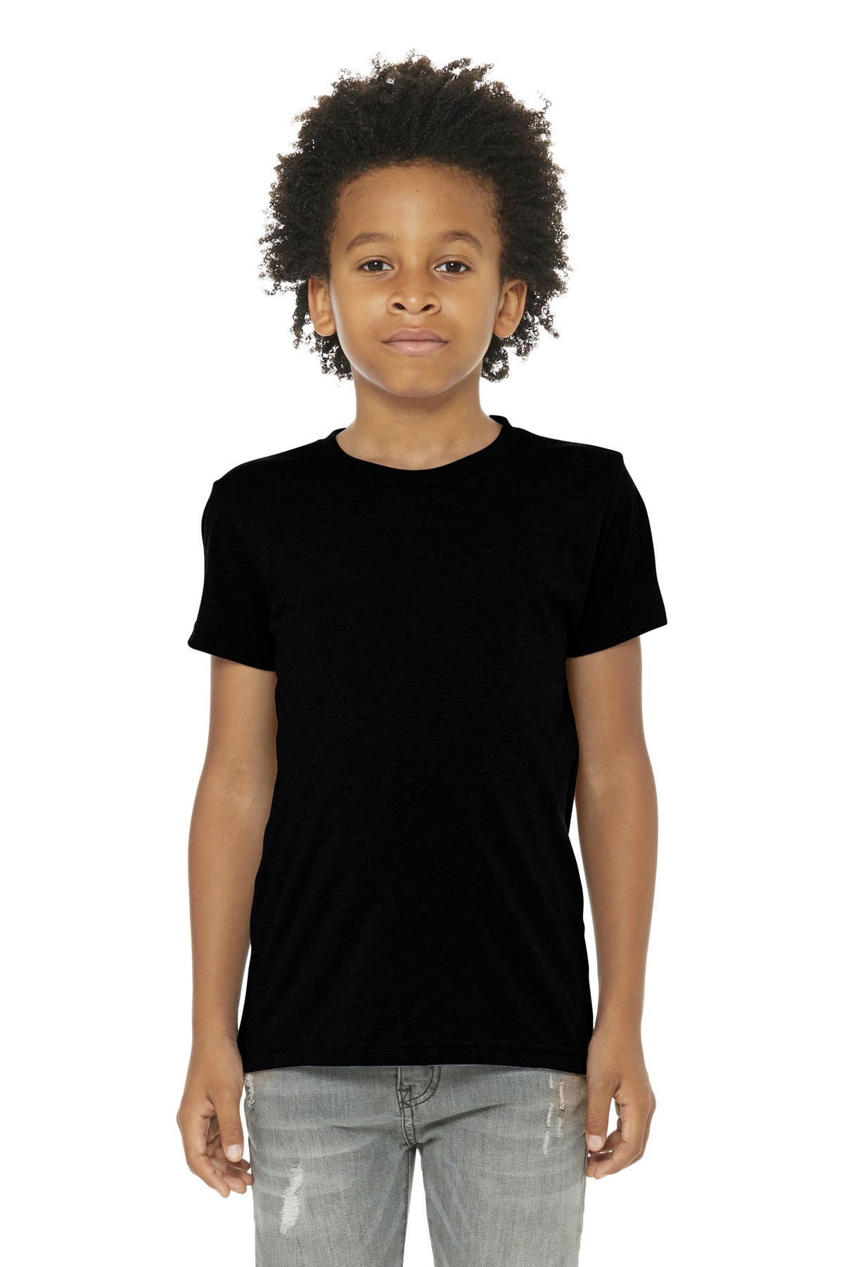 Front View of Sld Black TB BELLA+CANVAS Youth Triblend Short Sleeve Tee. BC3413Y