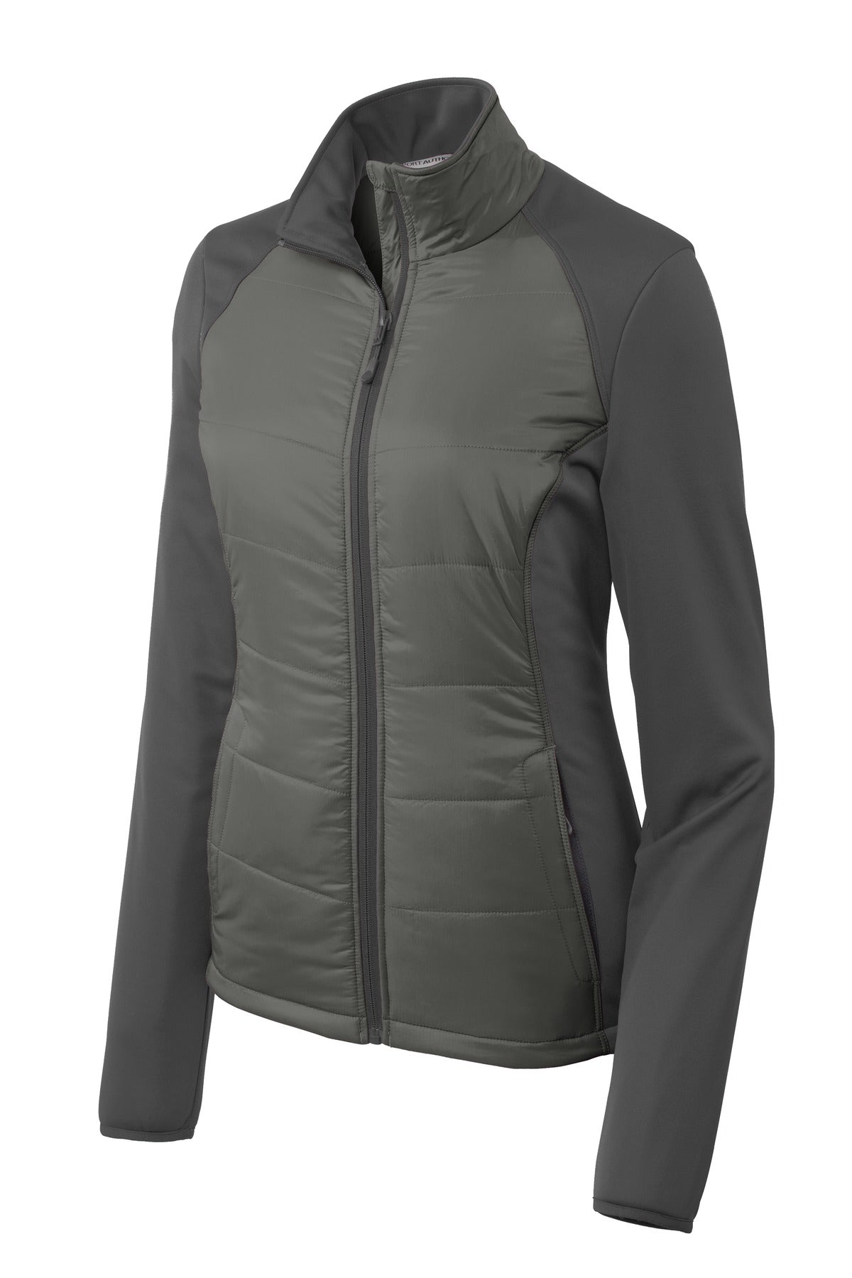 Front View of Smoke Gy/Gy St Port Authority Women's Hybrid Soft Shell Jacket. L787