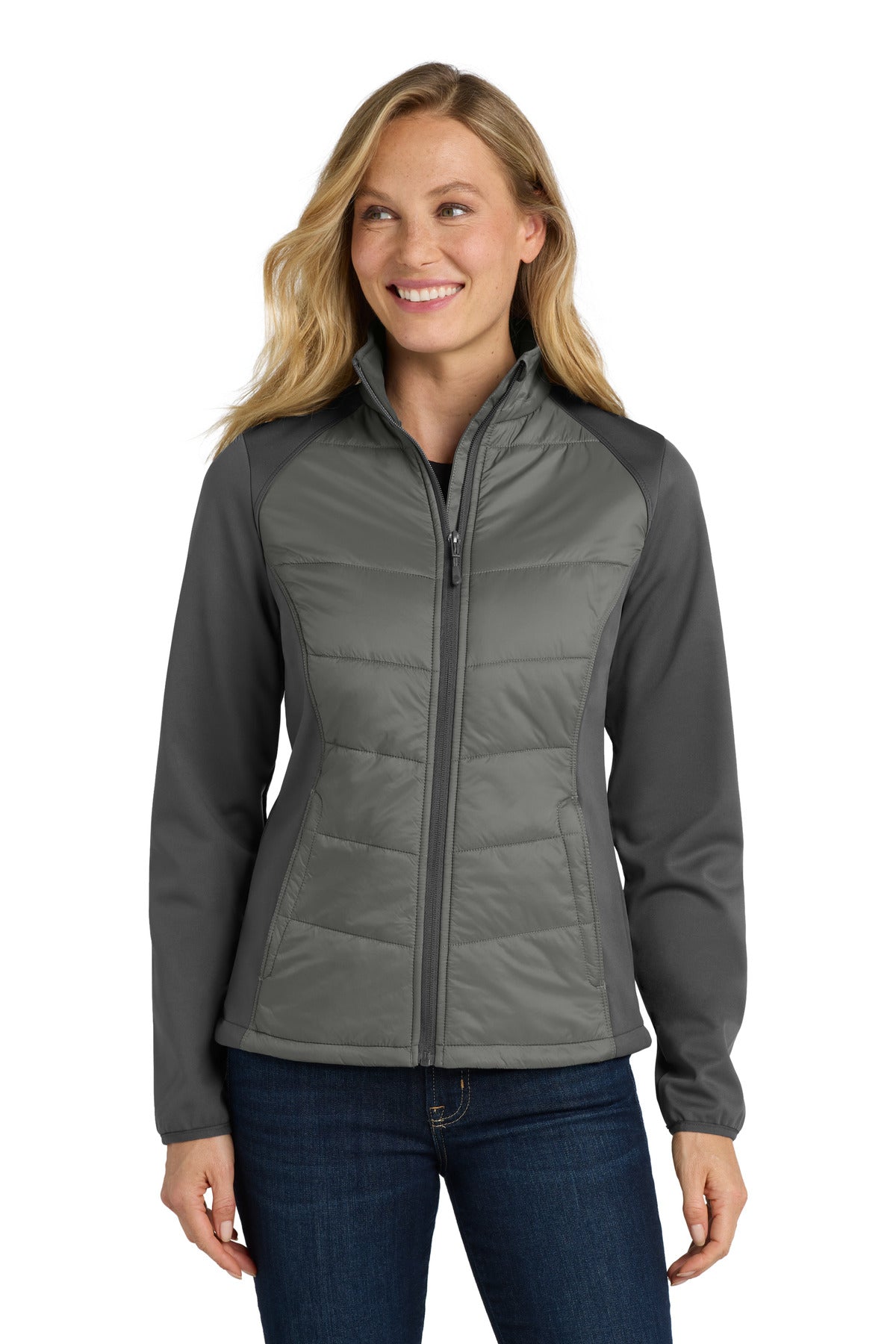 Front View of Smoke Gy/Gy St Port Authority Women's Hybrid Soft Shell Jacket. L787
