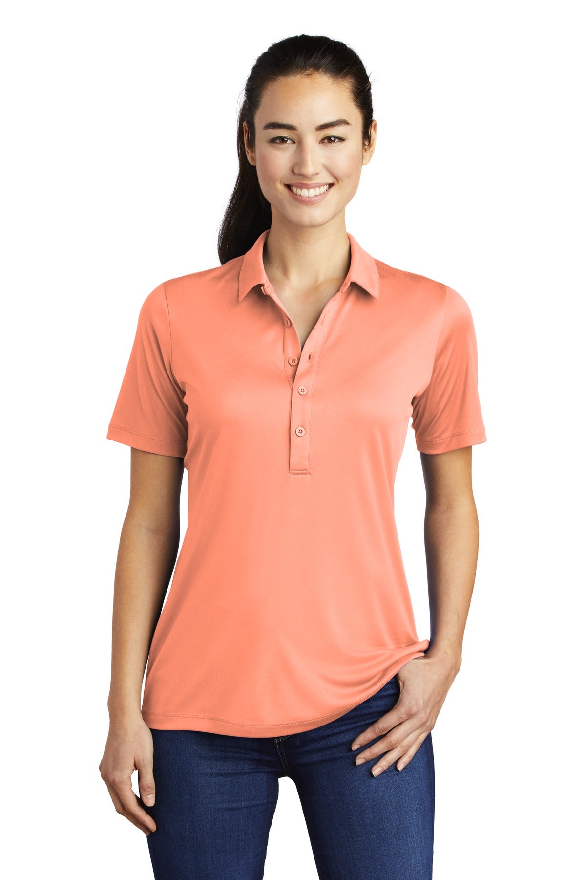 Front View of Soft Coral Sport-Tek Women's Posi-UV Pro Polo. LST520