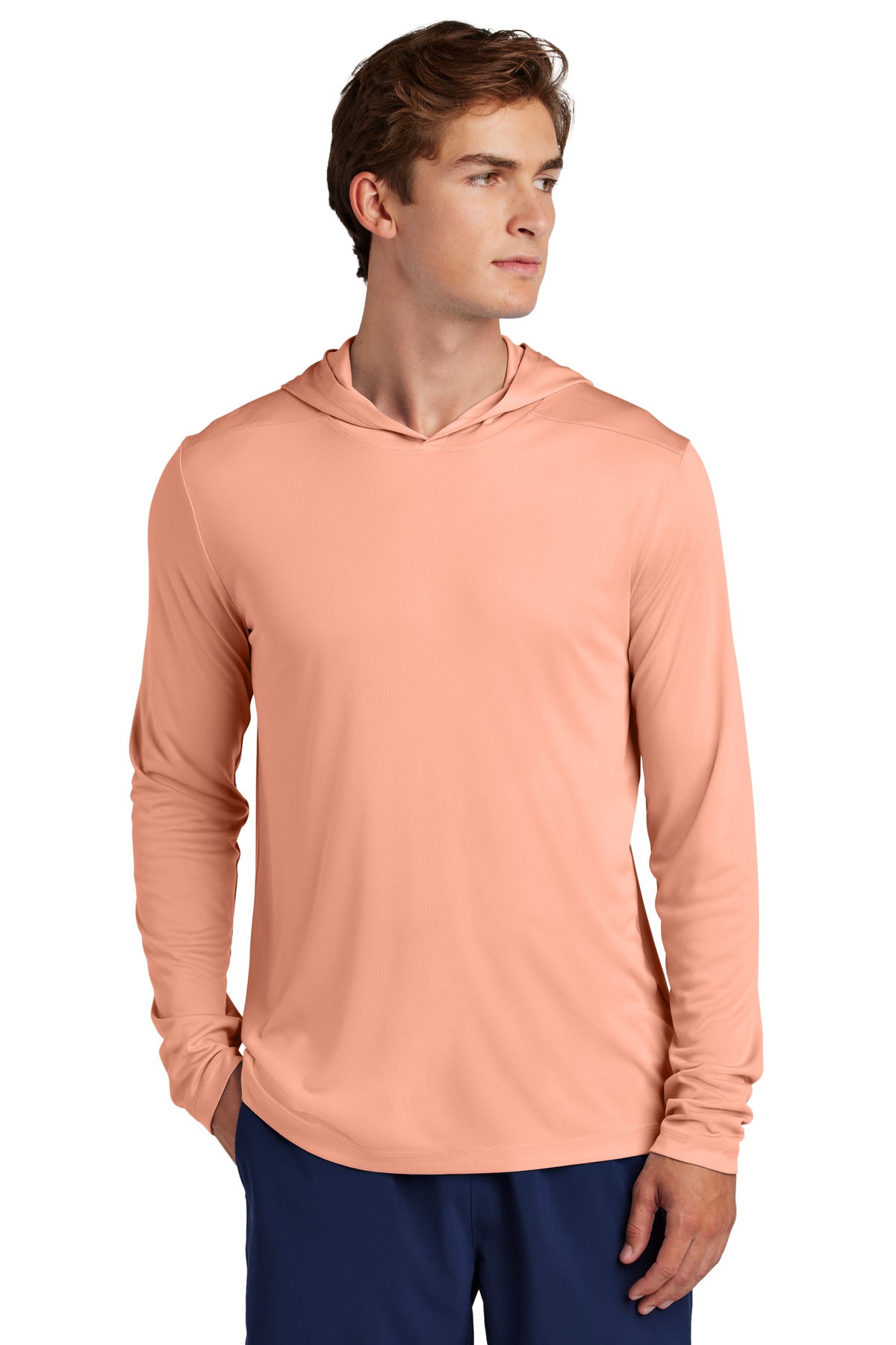 Front View of SoftCoral Sport-Tek Posi-UV Pro Long Sleeve Hoodie ST420LSH