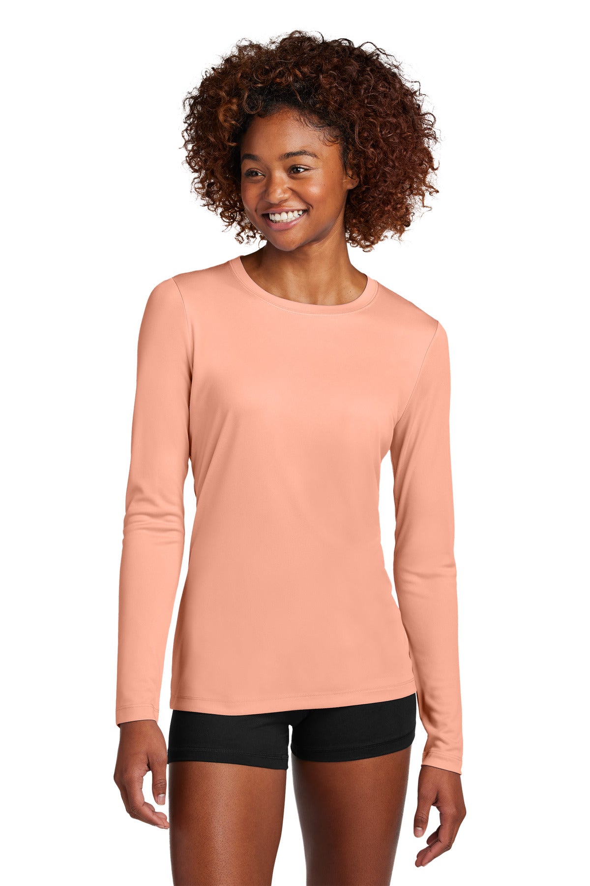 Front View of SoftCoral Sport-Tek Women's Posi-UV Pro Long Sleeve LST420LS