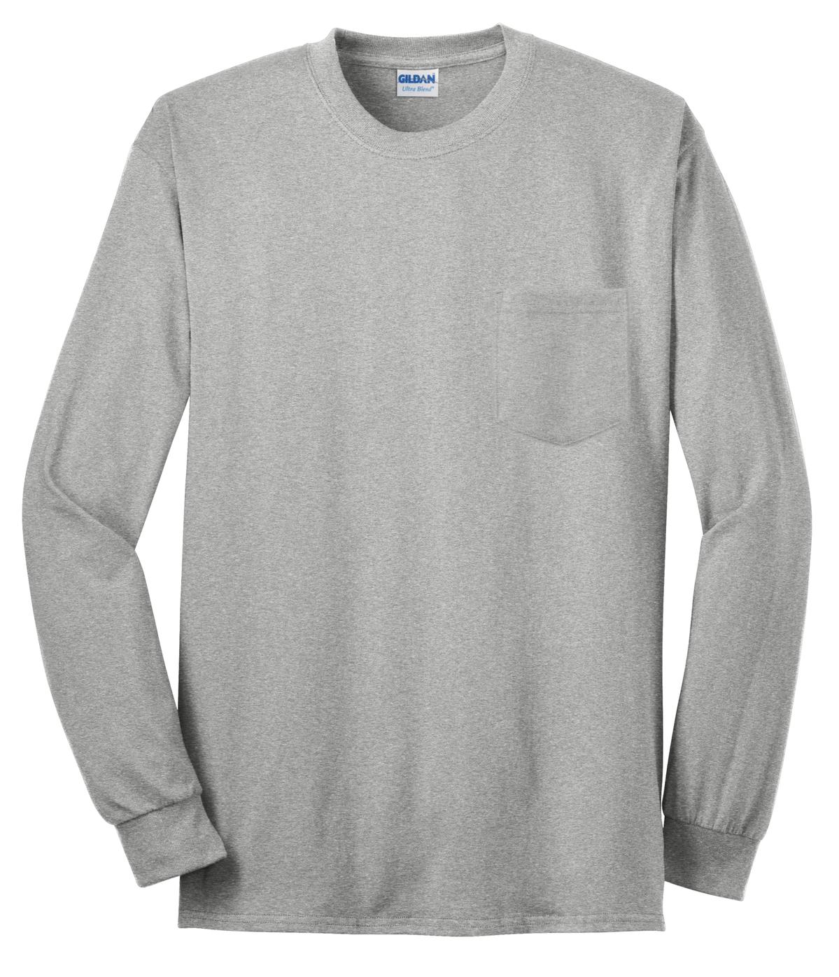 Front View of Sport Grey Gildan - Ultra Cotton 100% US Cotton Long Sleeve T-Shirt with Pocket. 2410