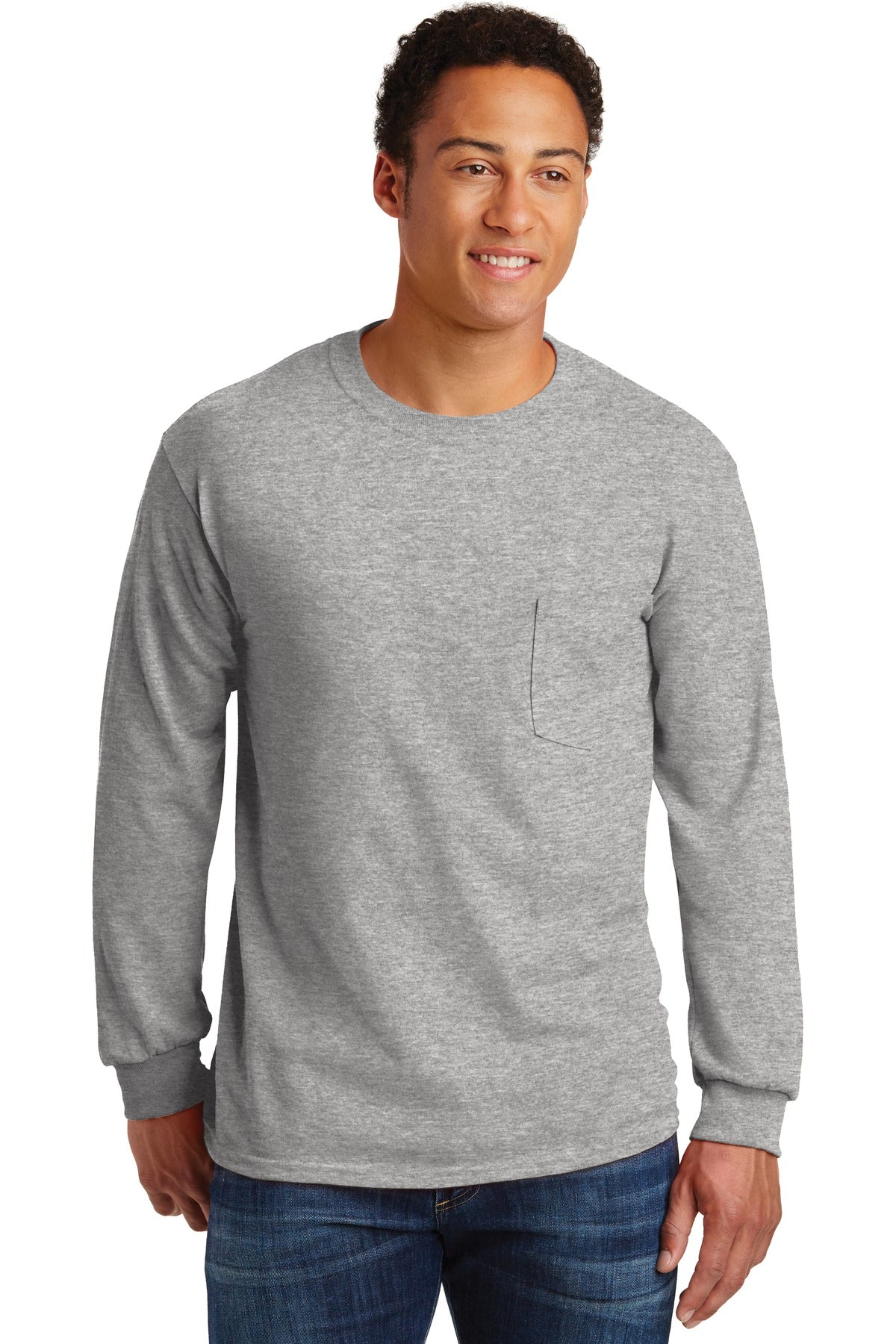 Front View of Sport Grey Gildan - Ultra Cotton 100% US Cotton Long Sleeve T-Shirt with Pocket. 2410